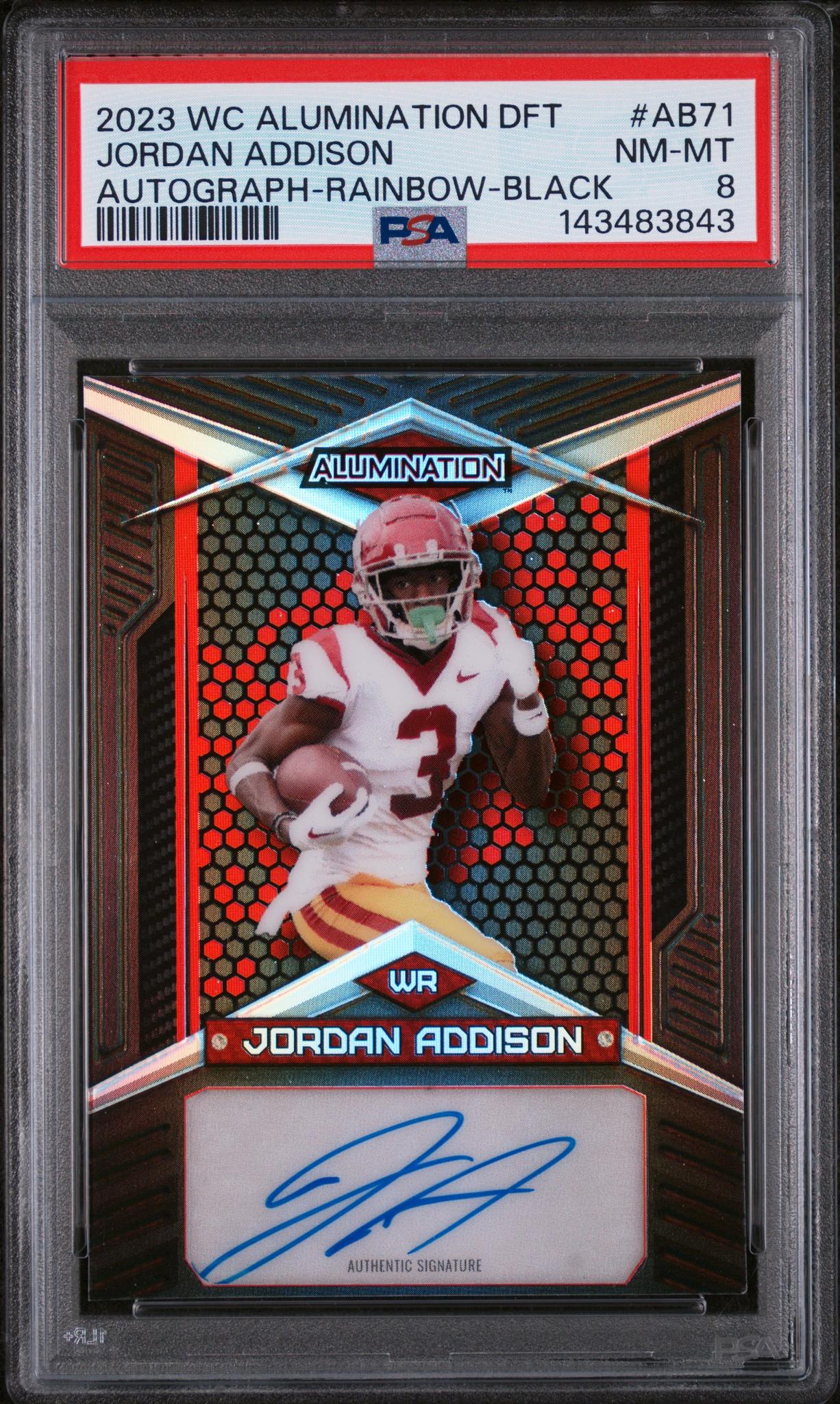 2023 Wild Card Alumination Draft Autographs Autograph-Rainbow-Black Jordan Addison #AB71 /25 PSA 8