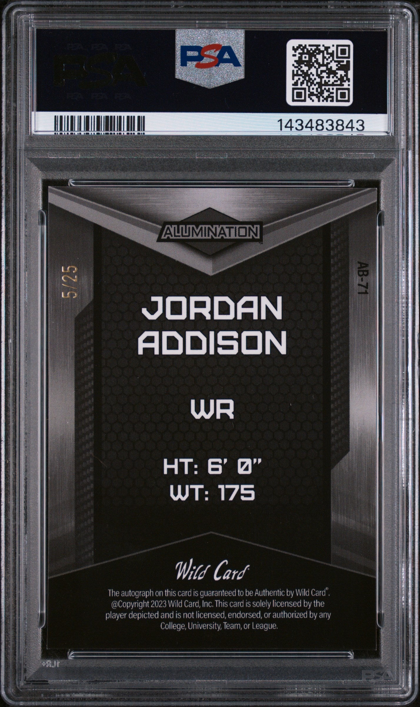 2023 Wild Card Alumination Draft Autographs Autograph-Rainbow-Black Jordan Addison #AB71 /25 PSA 8