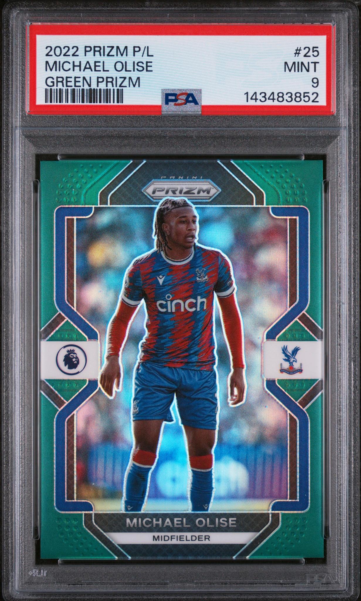 2022 Panini Prizm Premier League Green Prizm Michael Olise #25 5/5 PSA 9