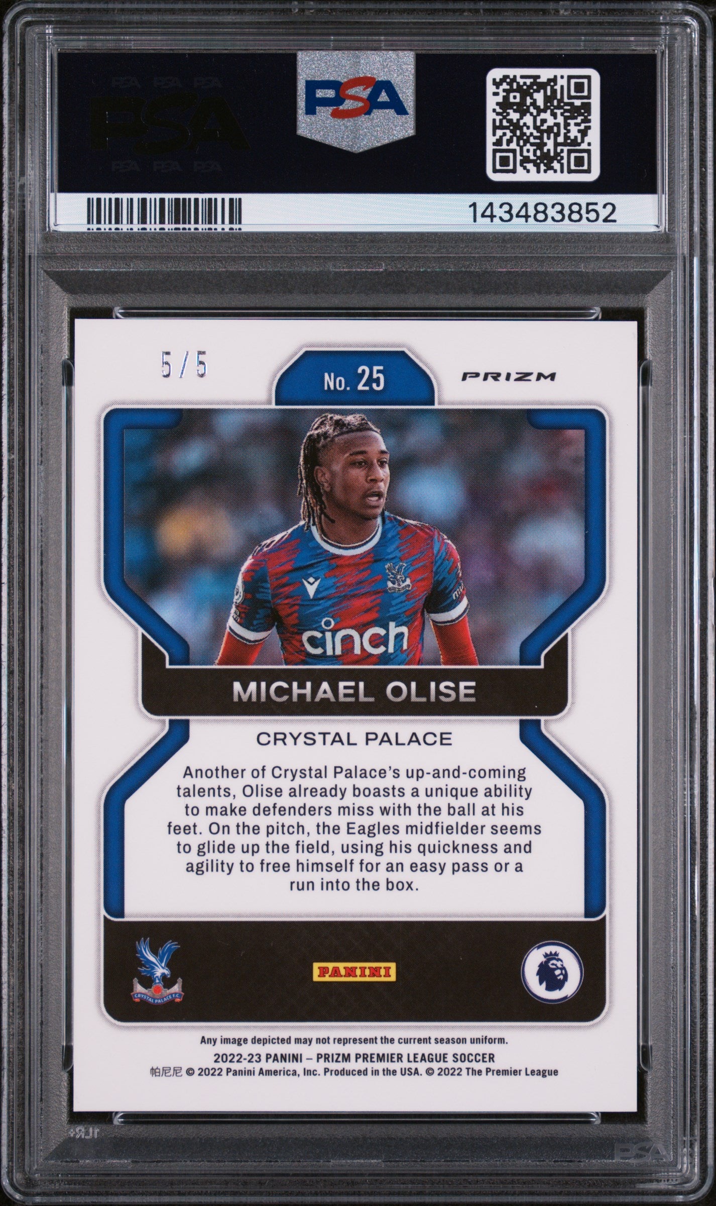 2022 Panini Prizm Premier League Green Prizm Michael Olise #25 5/5 PSA 9