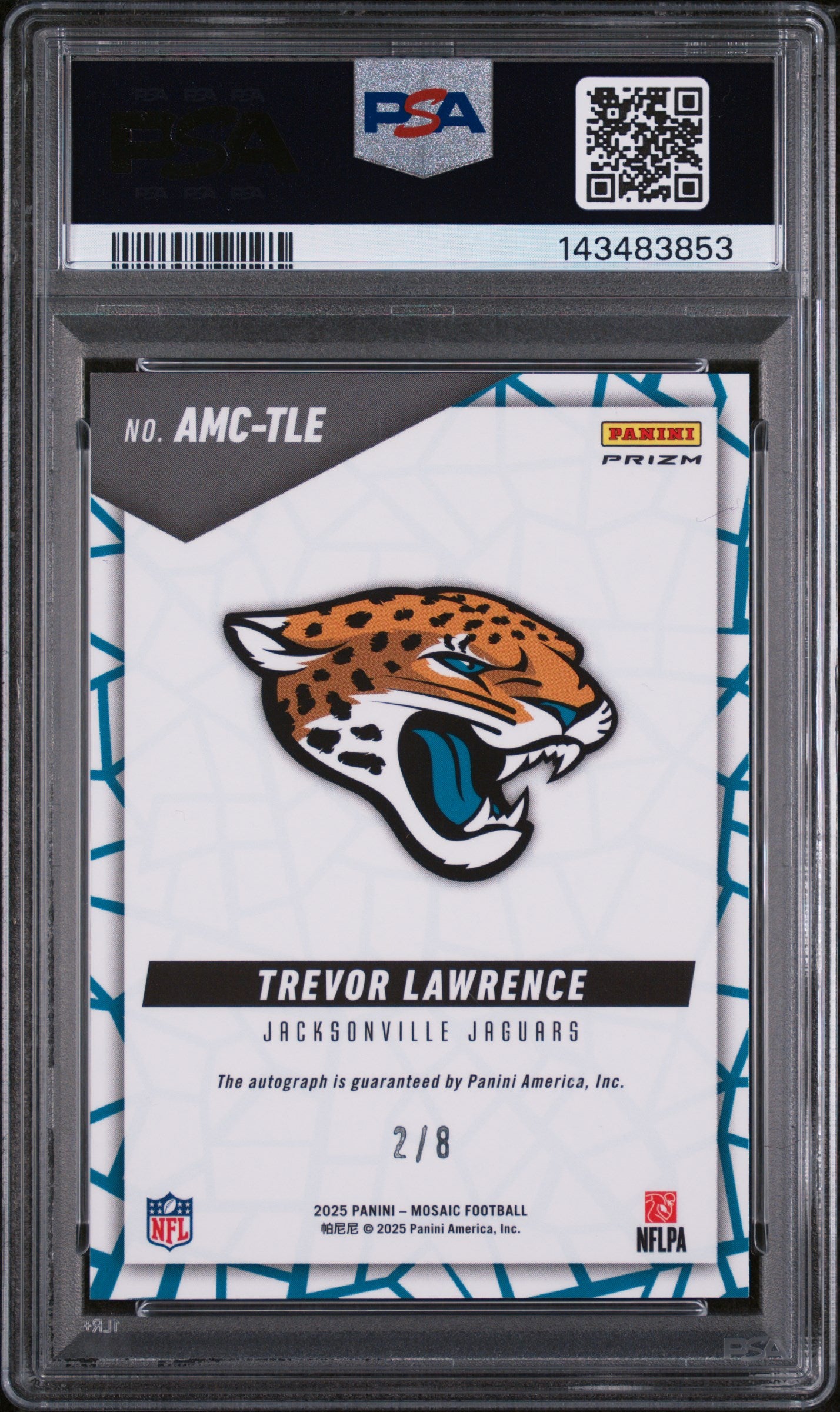 2025 Panini Mosaic Autographs Mosaic Auto Mosaic-Blk Gold Choice Trevor Lawrence #AMC-TLE /8 PSA 10