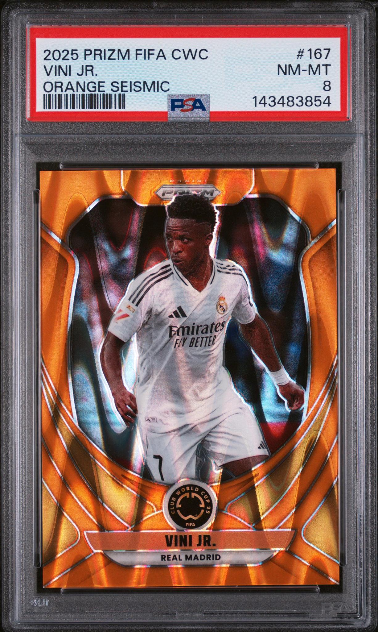 2025 Panini Prizm Fifa Club World Cup Orange Seismic Vini Jr #167 /199 PSA 8