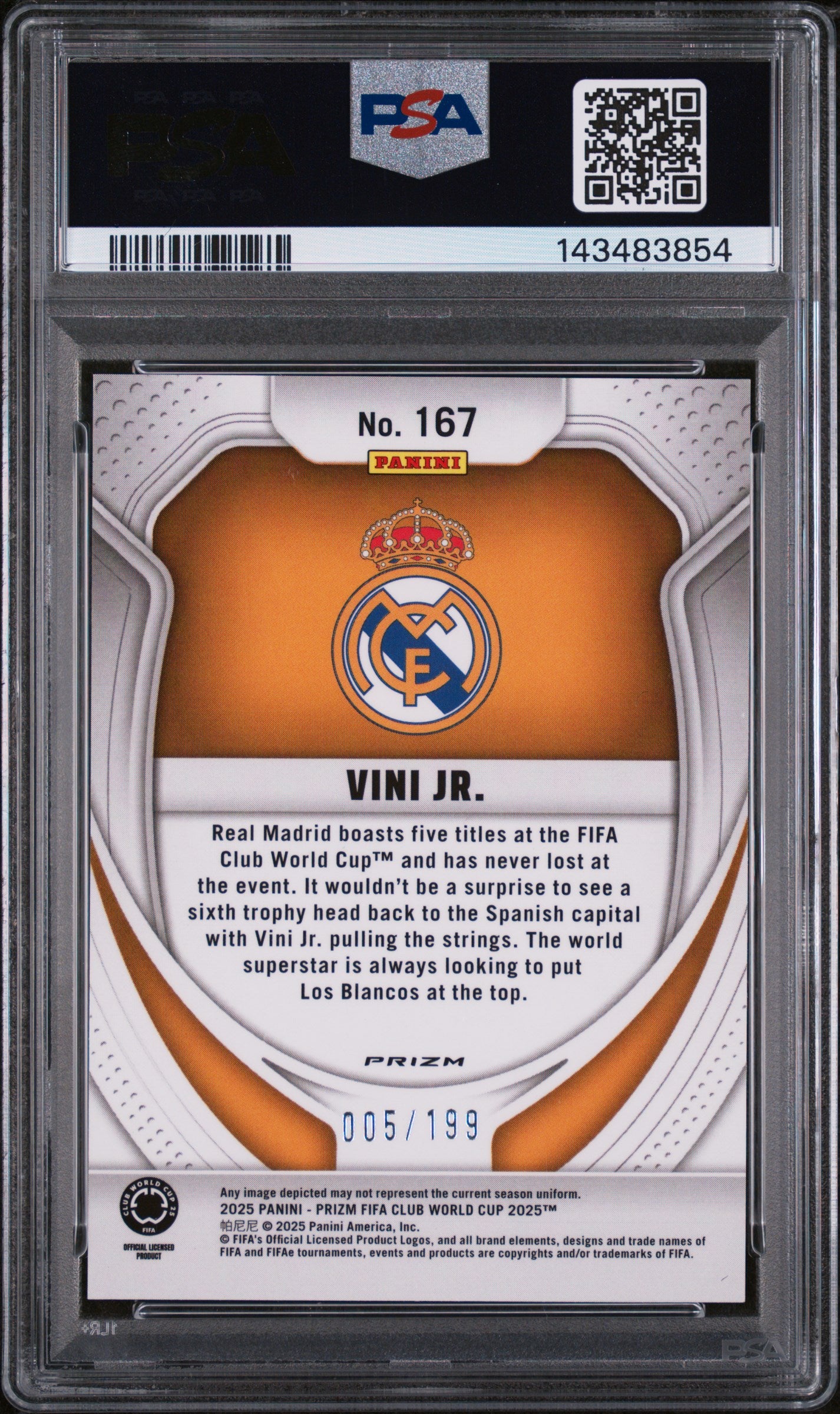 2025 Panini Prizm Fifa Club World Cup Orange Seismic Vini Jr #167 /199 PSA 8