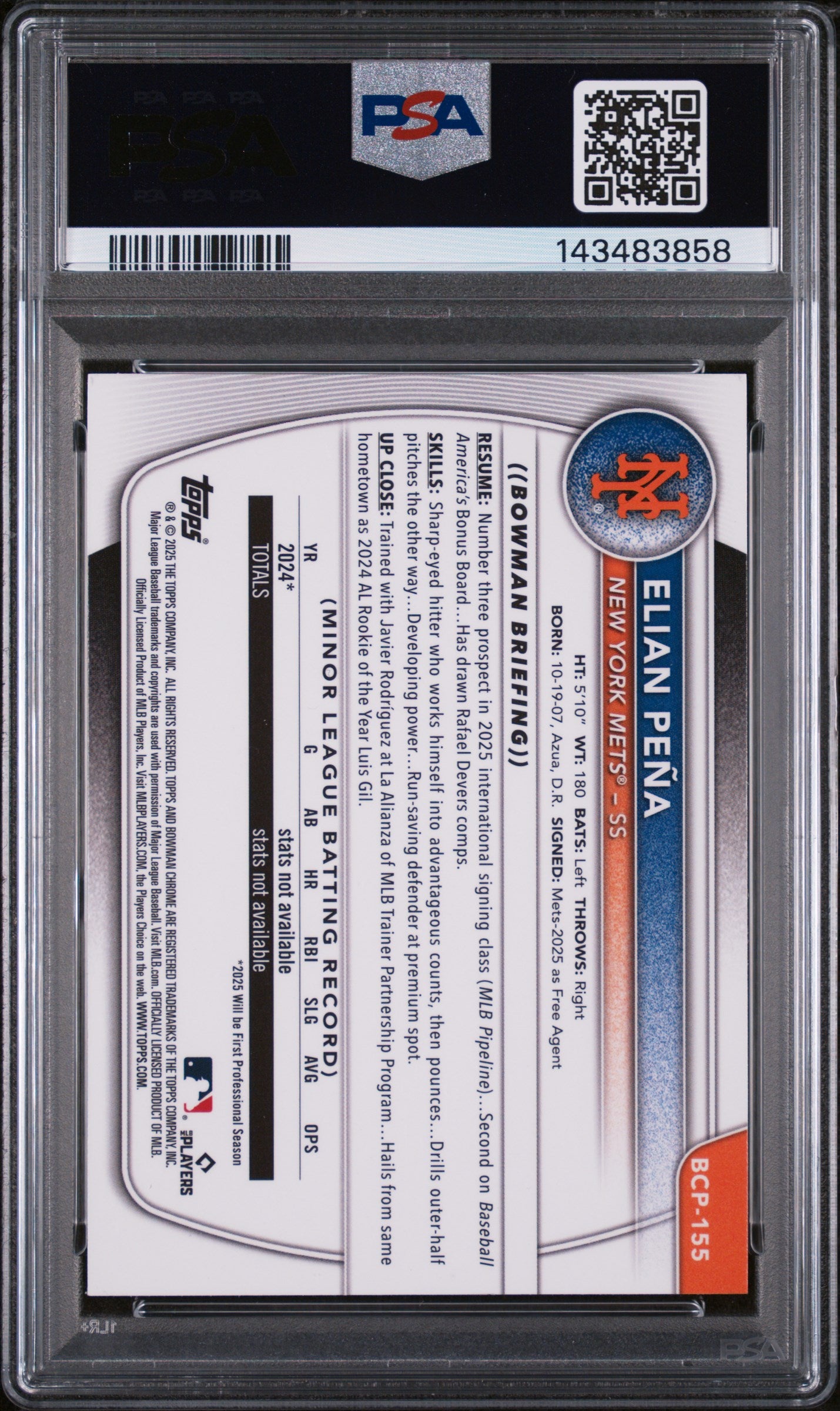 2025 Bowman Chrome Mega Box Chrome Prospects Steel Metal Elian Pena #155 /100 PSA 10