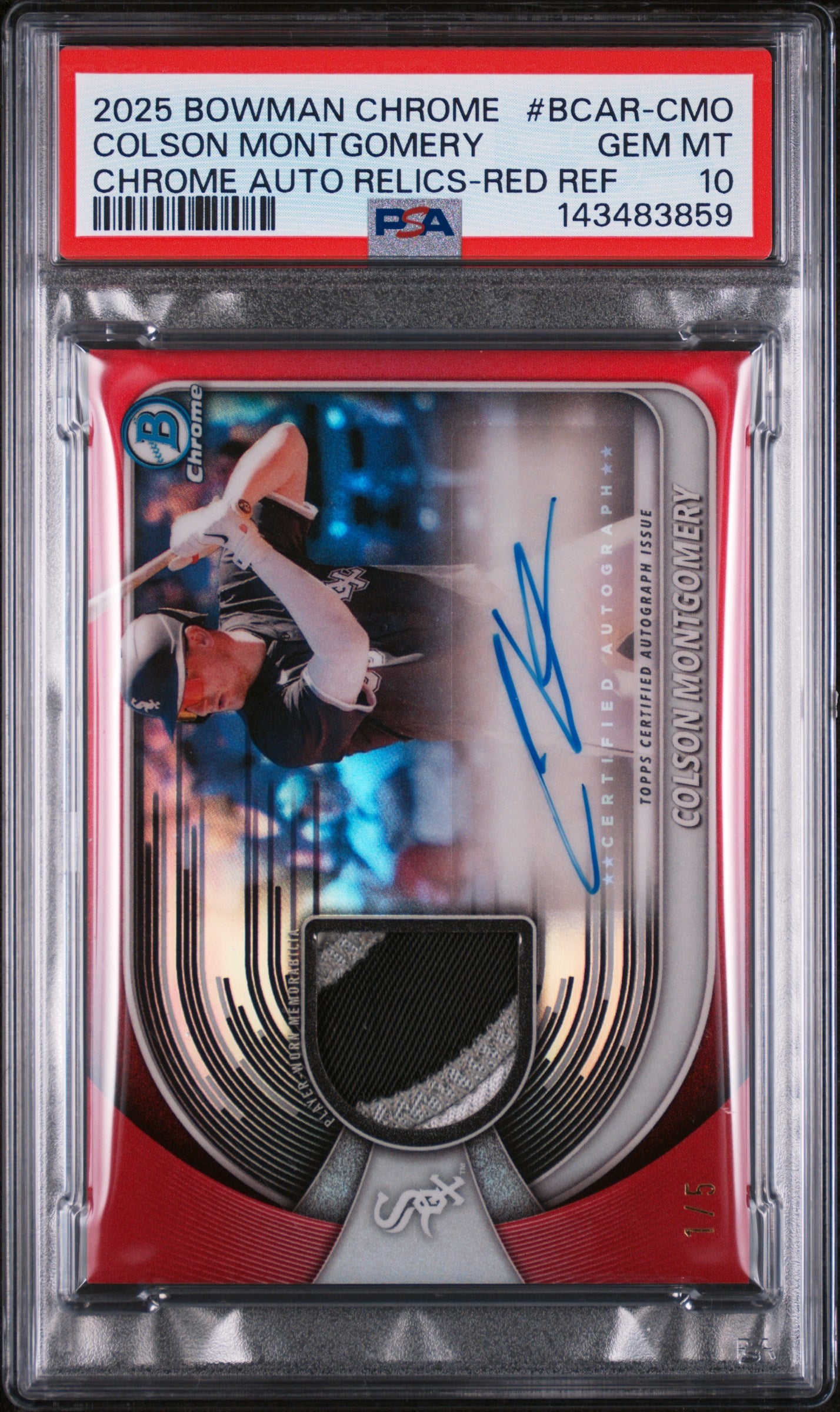 2025 Bowman Chrome Chrome Autograph Relics Chrome Auto Relics-Red Ref Colson Montgomery #BCAR-CMO /5 PSA 10