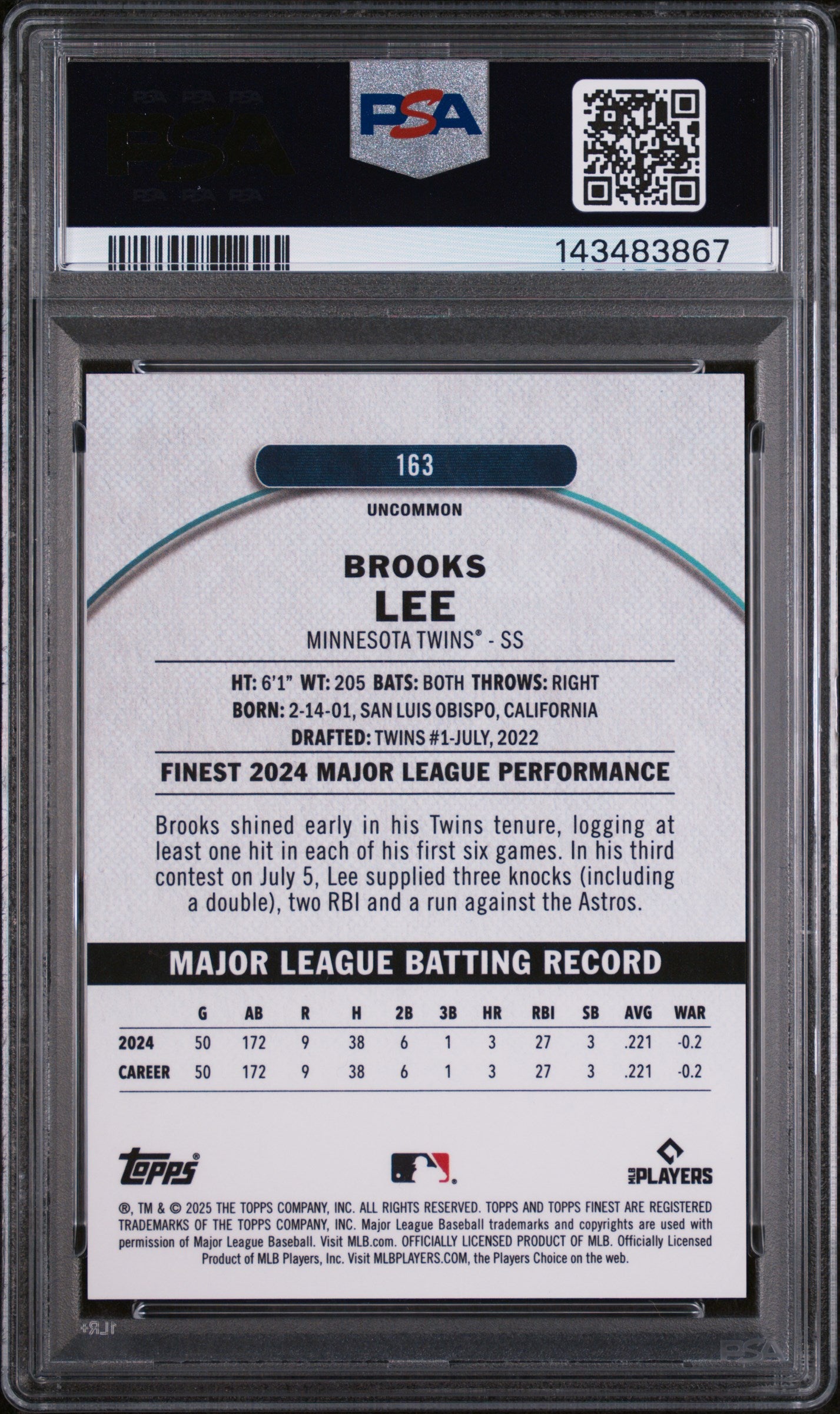2025 Finest Red Refractor Brooks Lee #163 /5 PSA 9