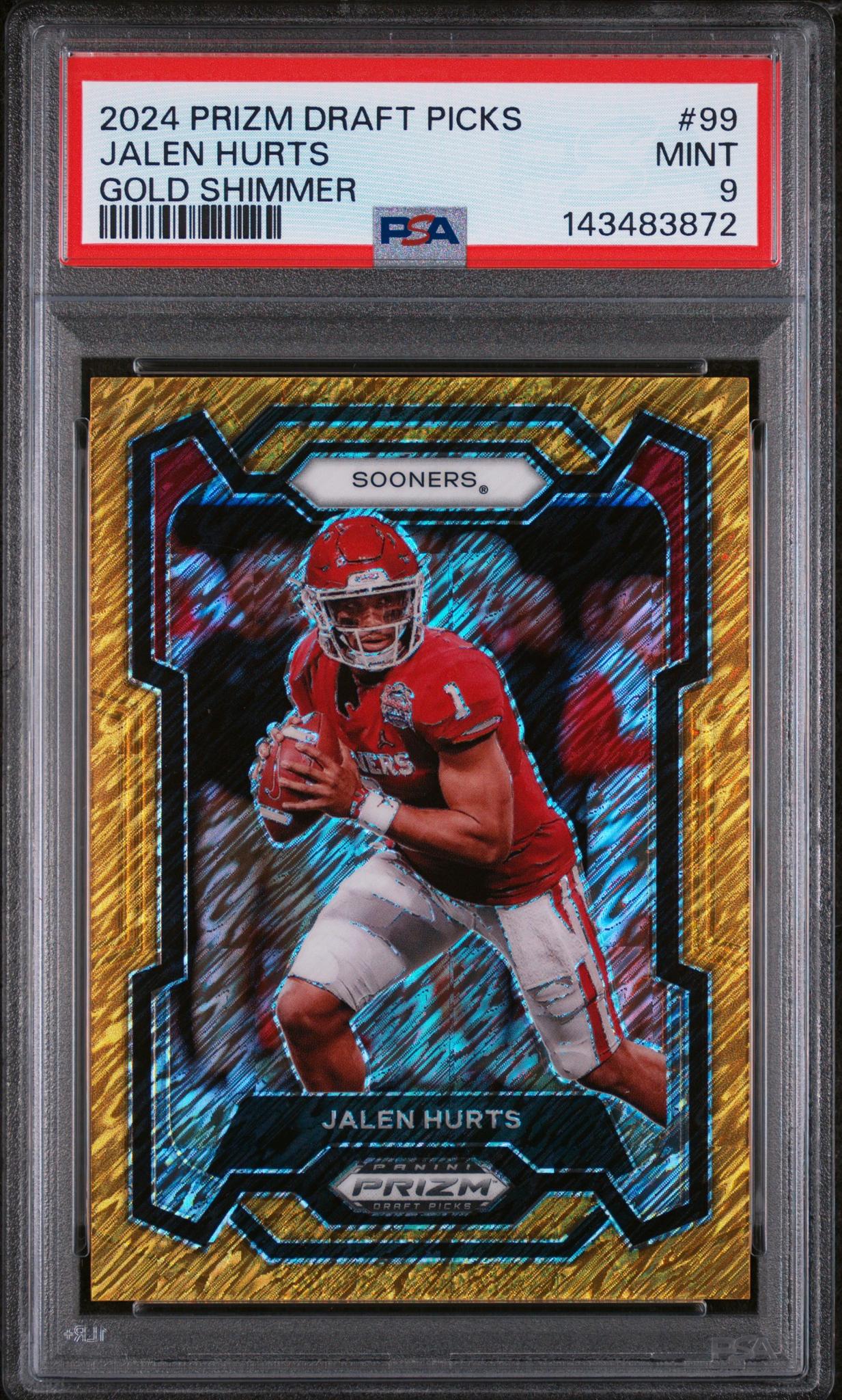 2024 Panini Prizm Draft Picks Gold Shimmer Prizm Jalen Hurts #99 /15 15/15 PSA 9