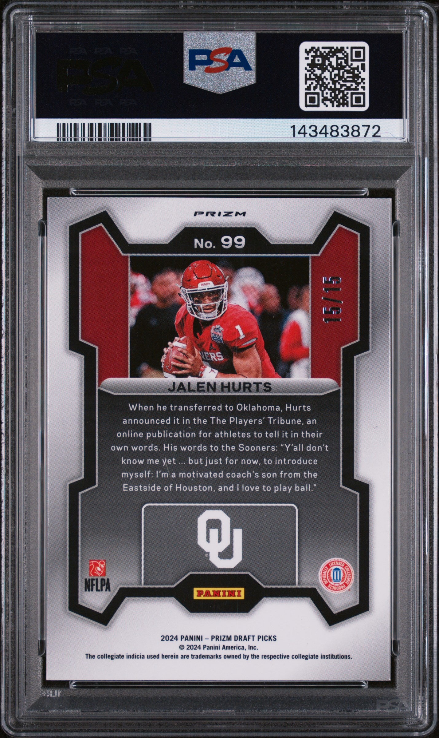 2024 Panini Prizm Draft Picks Gold Shimmer Prizm Jalen Hurts #99 /15 15/15 PSA 9