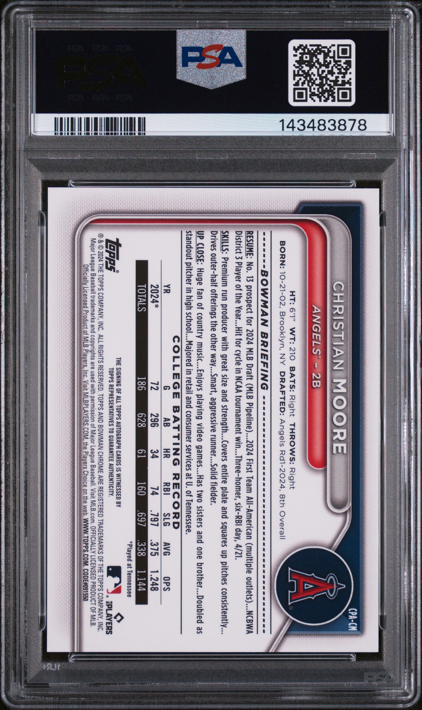 2024 Bowman Draft Chrome Prospect Autograph Christian Moore #CPACM PSA 10