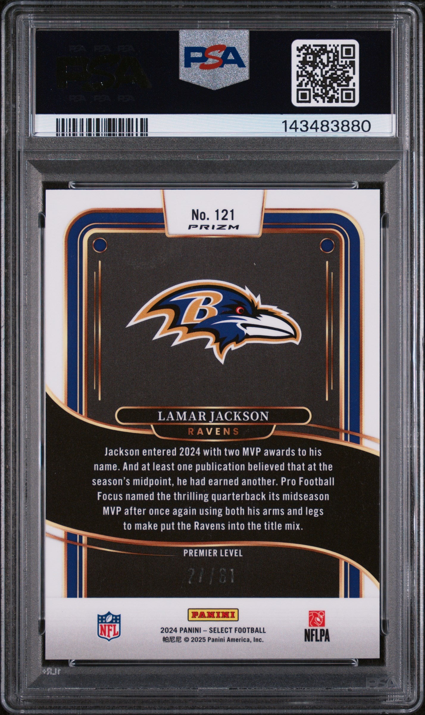 2024 Panini Select Premier Level Dragon Scale Lamar Jackson #121 /81 PSA 9