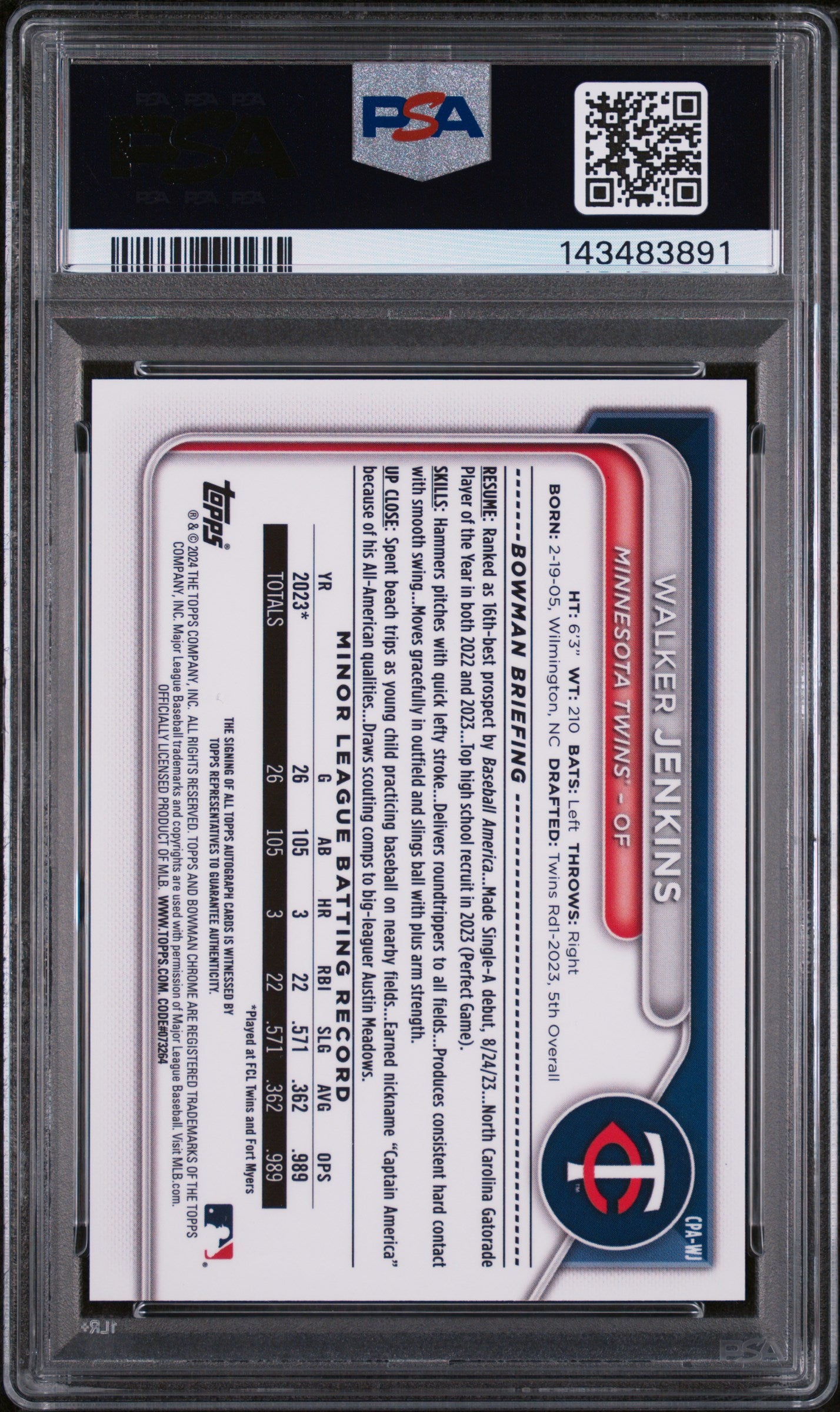 2024 Bowman Chrome Prospect Autograph Walker Jenkins #CPA-WJ PSA 10