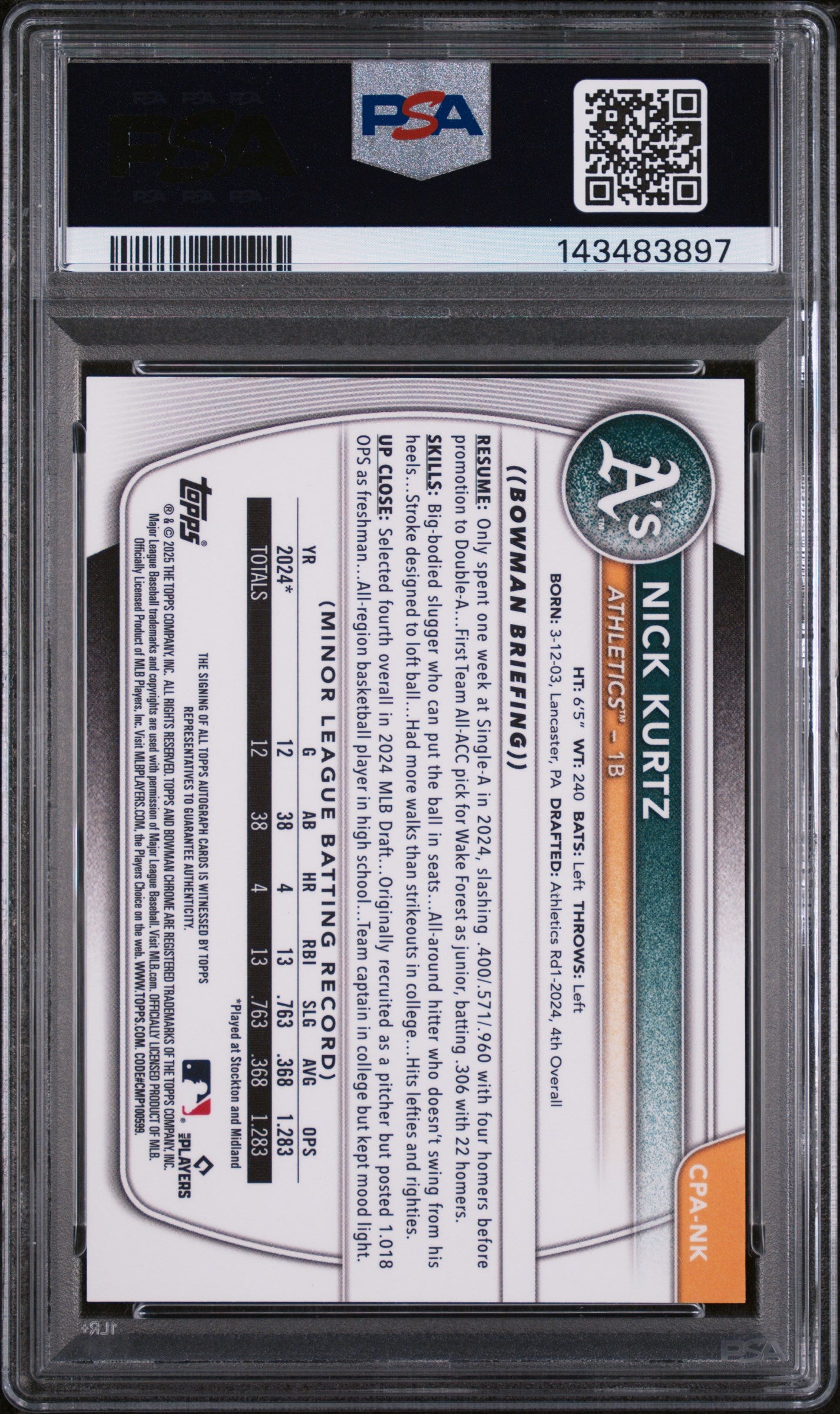 2025 Bowman Bowman Green Grass Refractor Nick Kurtz #CPA-NK /99 PSA 10
