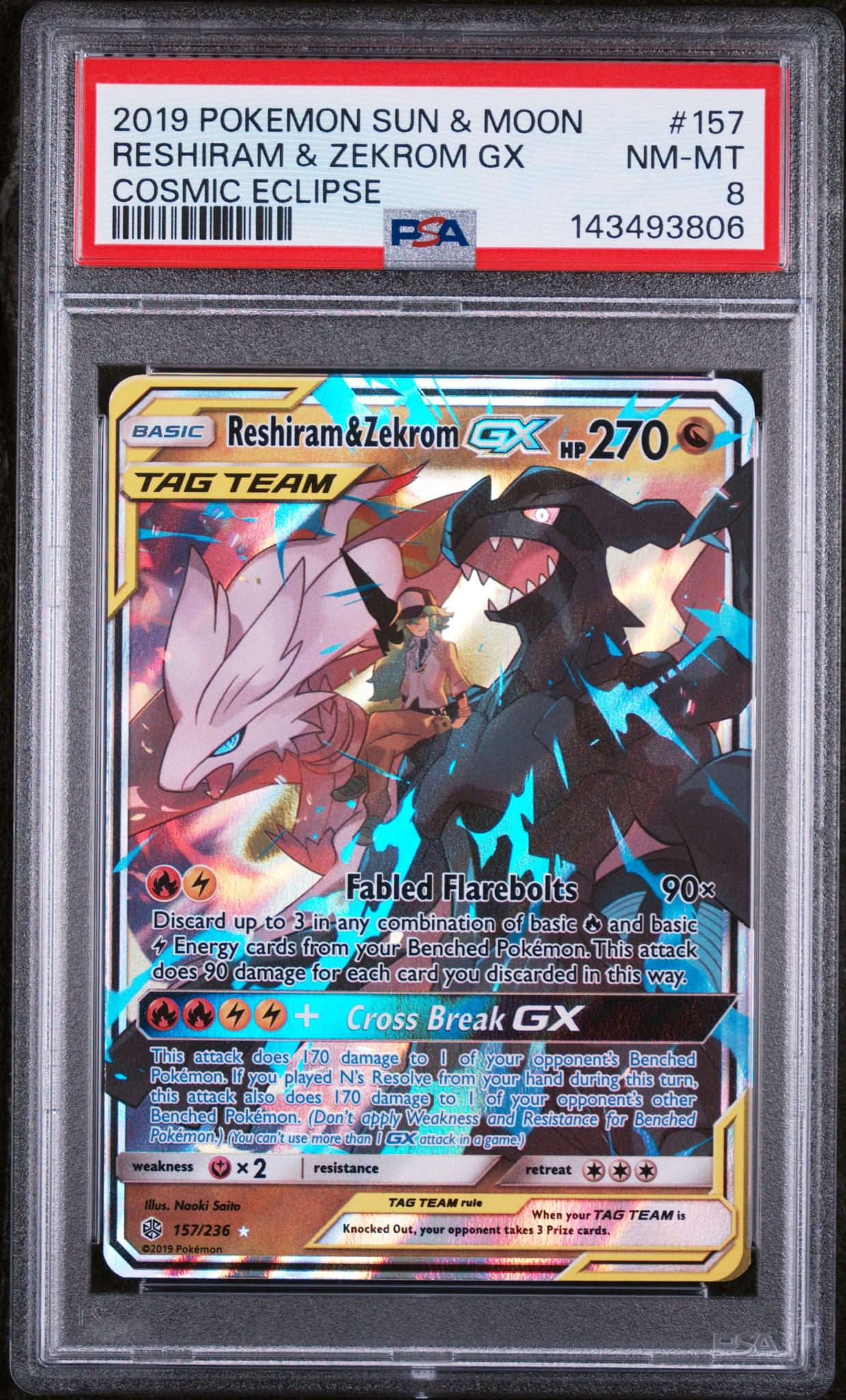 2019 Pokemon Sun and Moon Cosmic Eclipse Reshiram/Zekrom Gx #157 PSA 8