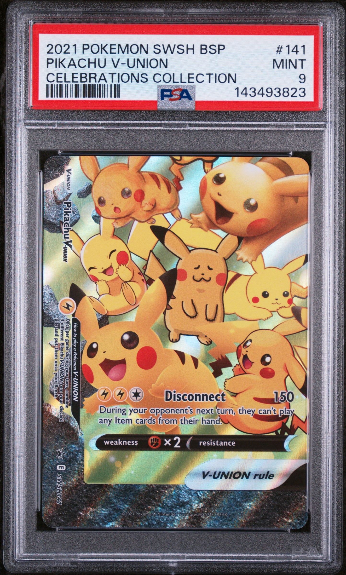 2021 Pokemon Sword and Shield Black Star Promo Celebrations Collection Pikachu V-Union #SWSH141 PSA 9