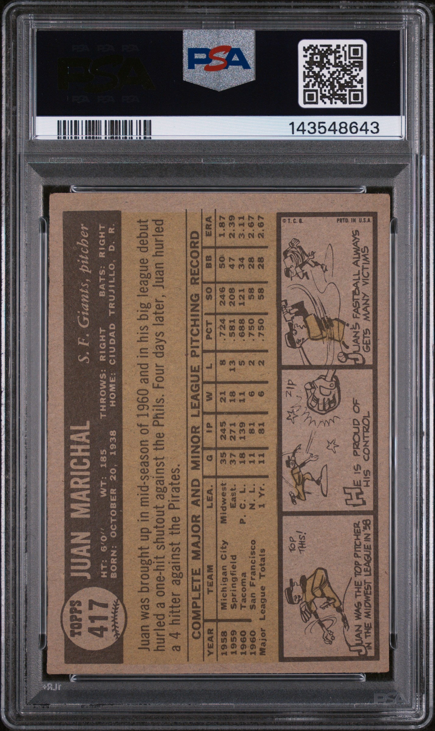 1961 Topps Juan Marichal #417 PSA 3