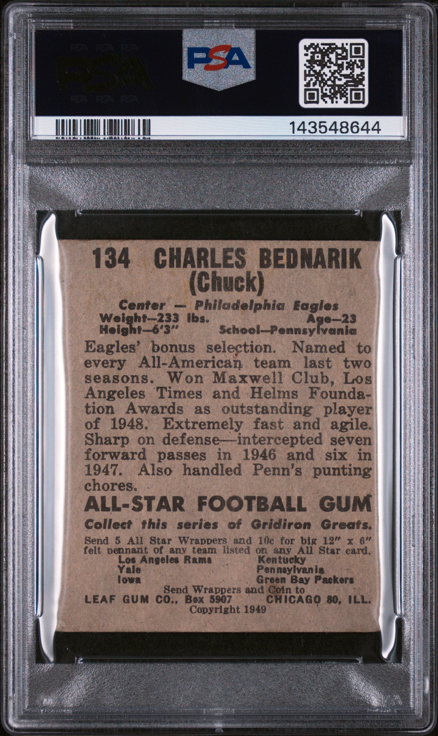 1949 Leaf Chuck Bednarik #134 PSA 2