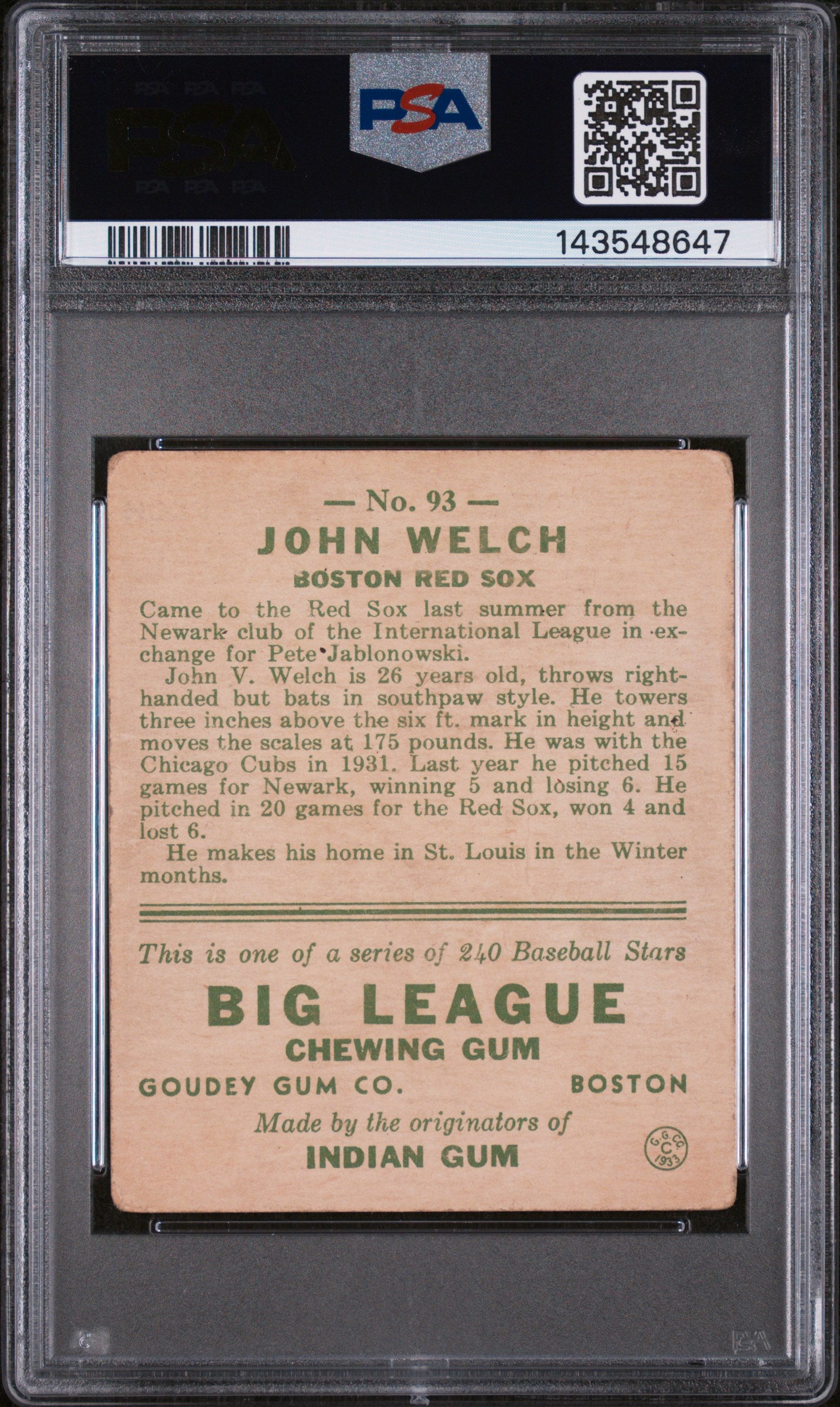 1933 Goudey John Welch #93 PSA 2