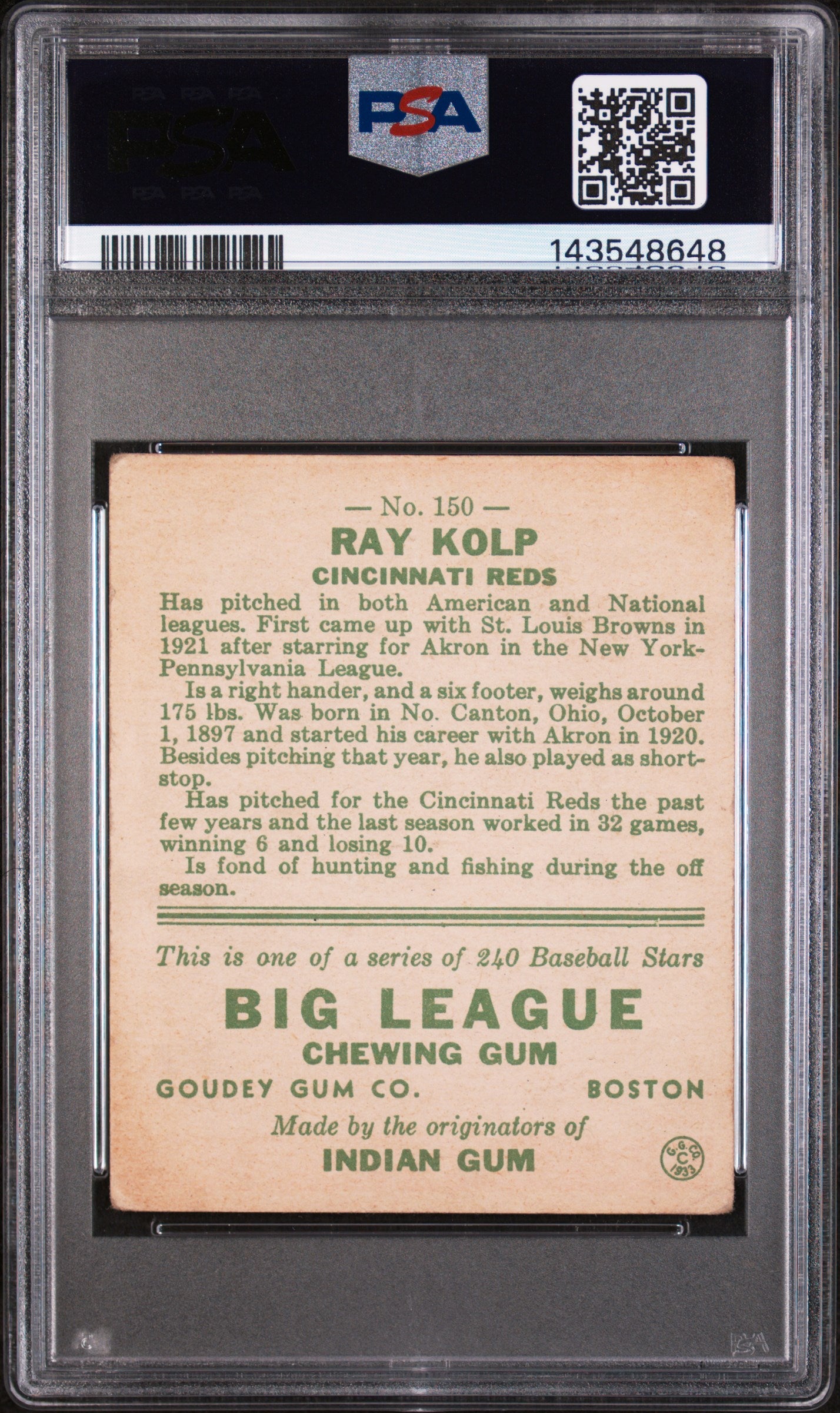 1933 Goudey Ray Kolp #150 PSA 2