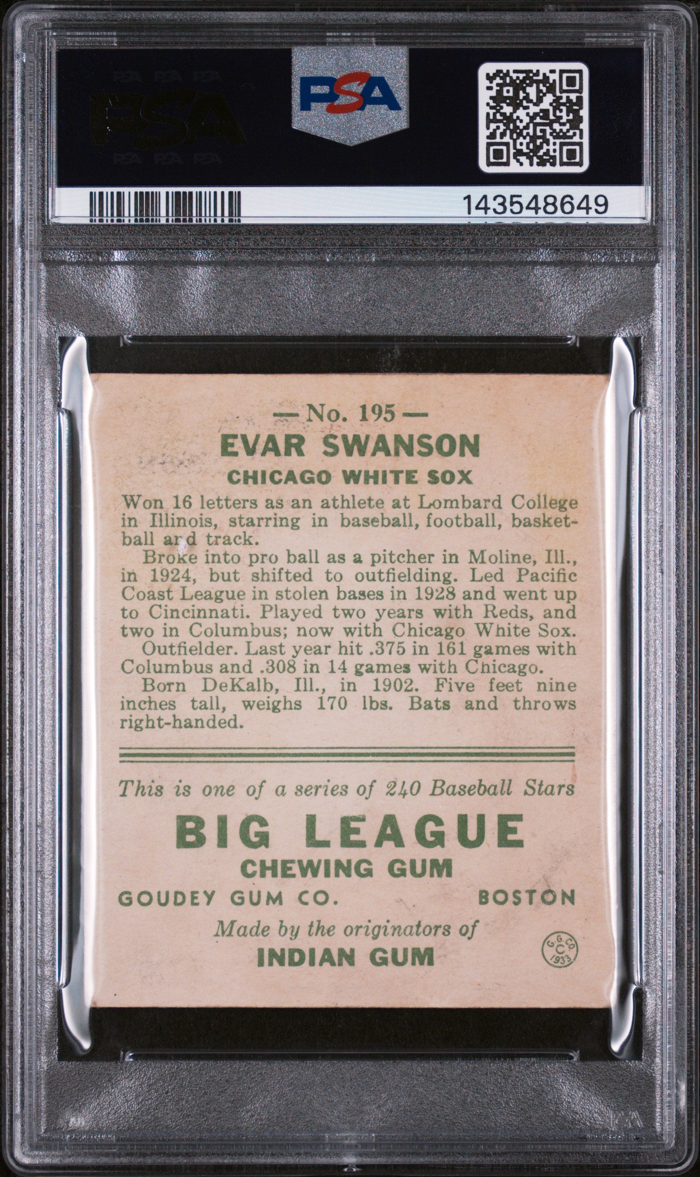 1933 Goudey Heads-Up Evar Swanson #195 PSA 1