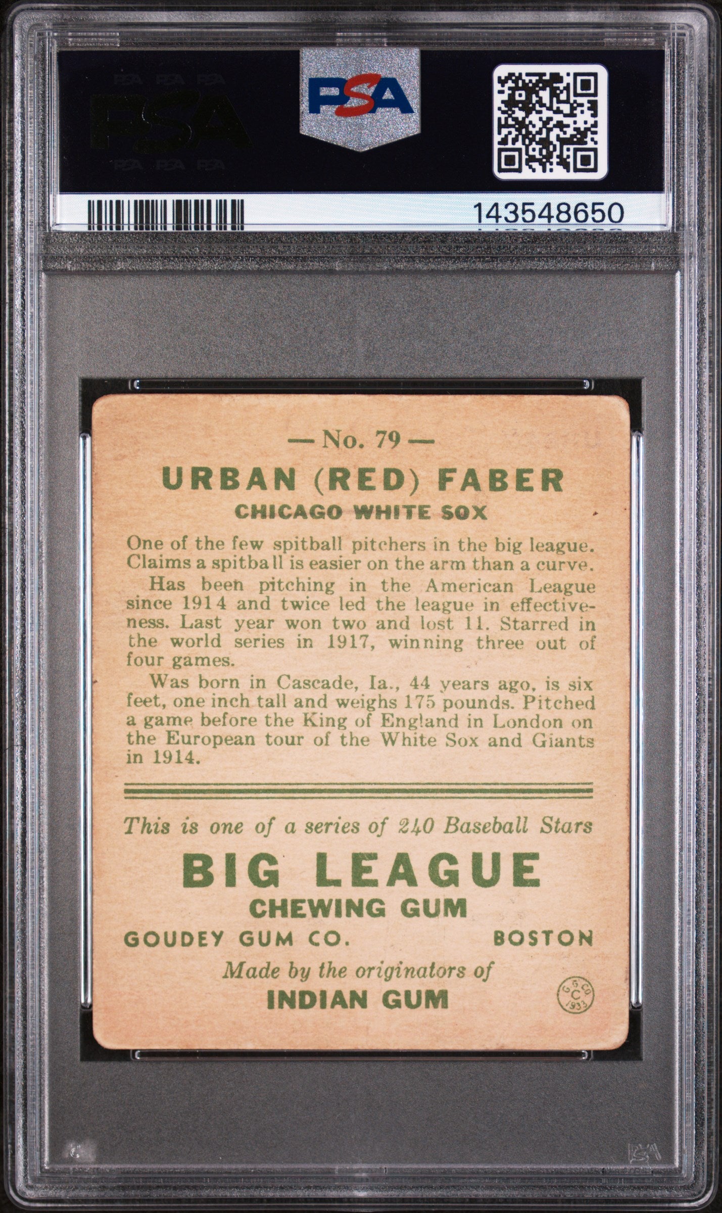 1933 Goudey Red Faber #79 PSA 2