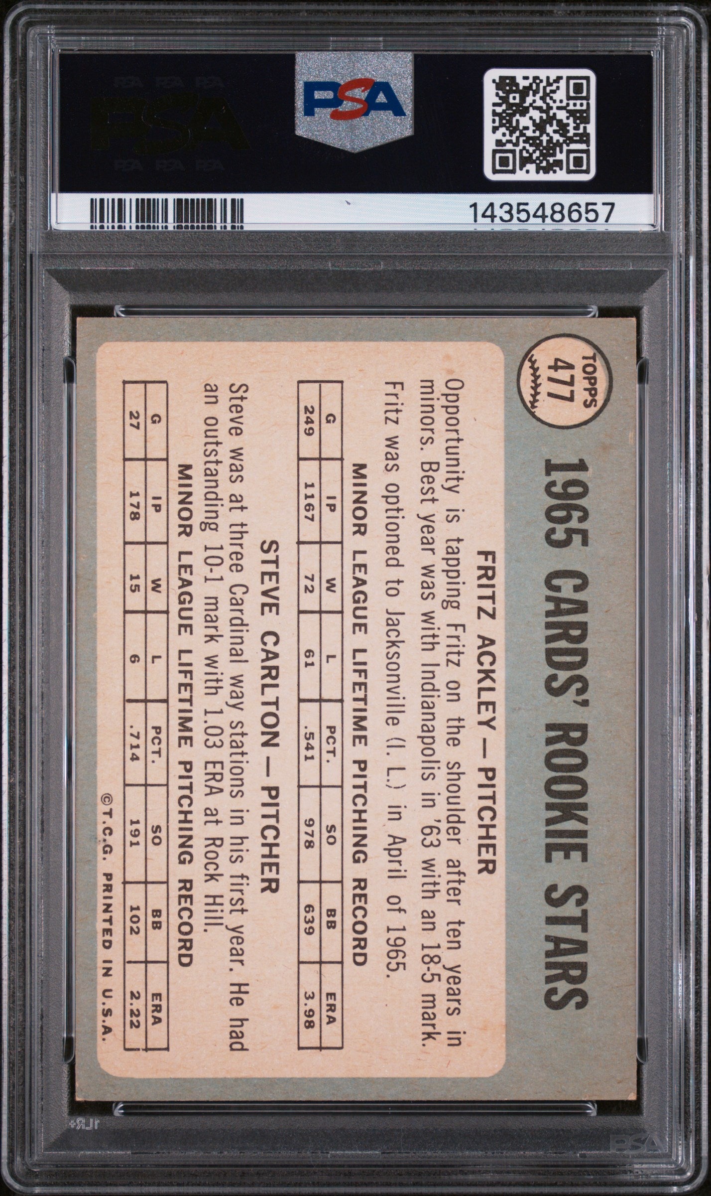 1965 Topps Cardinals Rookies Fritz Ackley/Steve Carlton #477 PSA 6