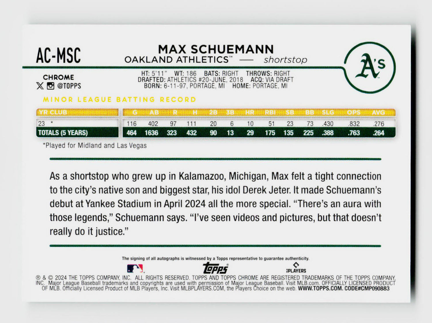 2024 Topps Chrome Max Schuemann True Green Rookie RC Auto /99