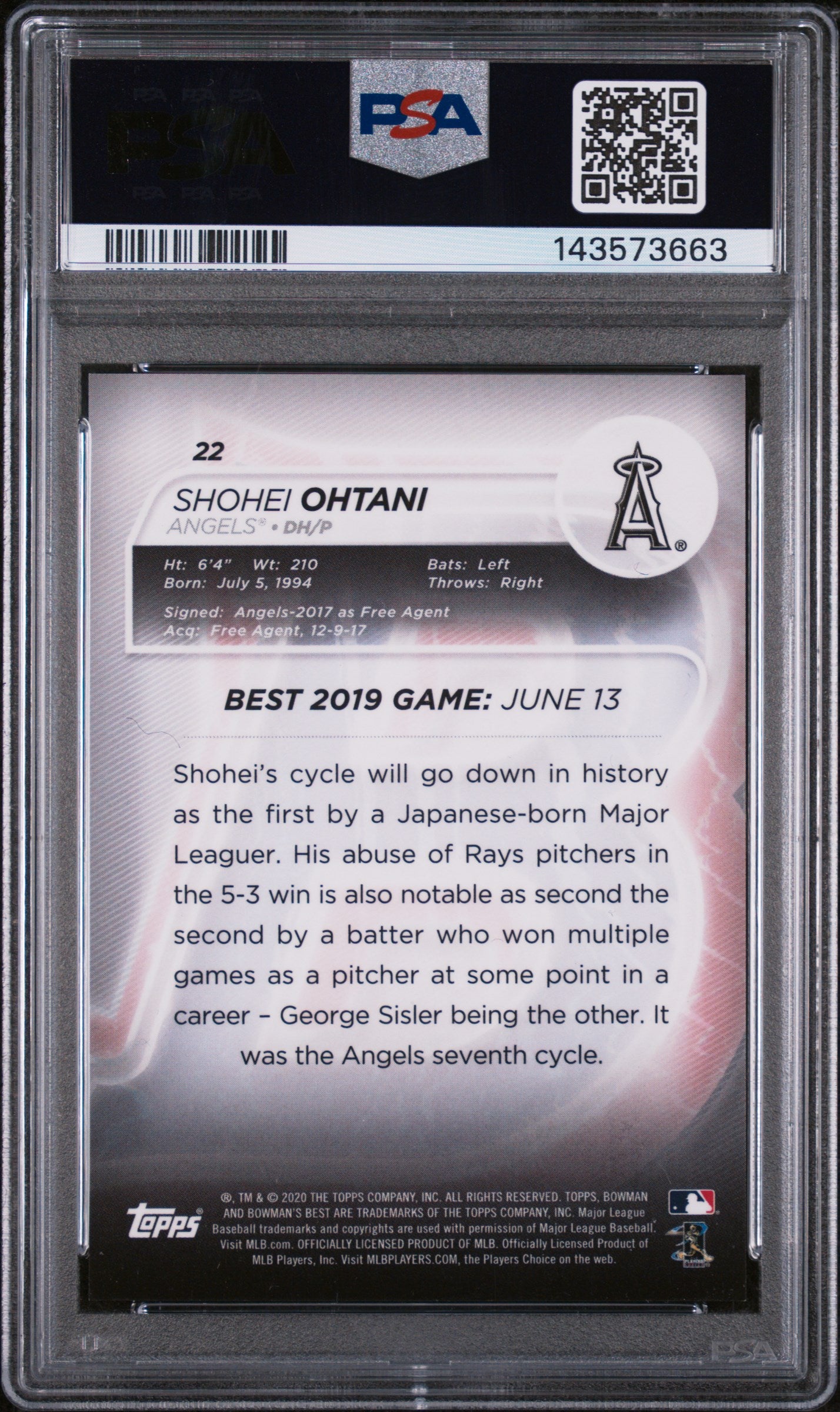2020 Bowman's Best Green Refractor Shohei Ohtani #22 /99 PSA 9