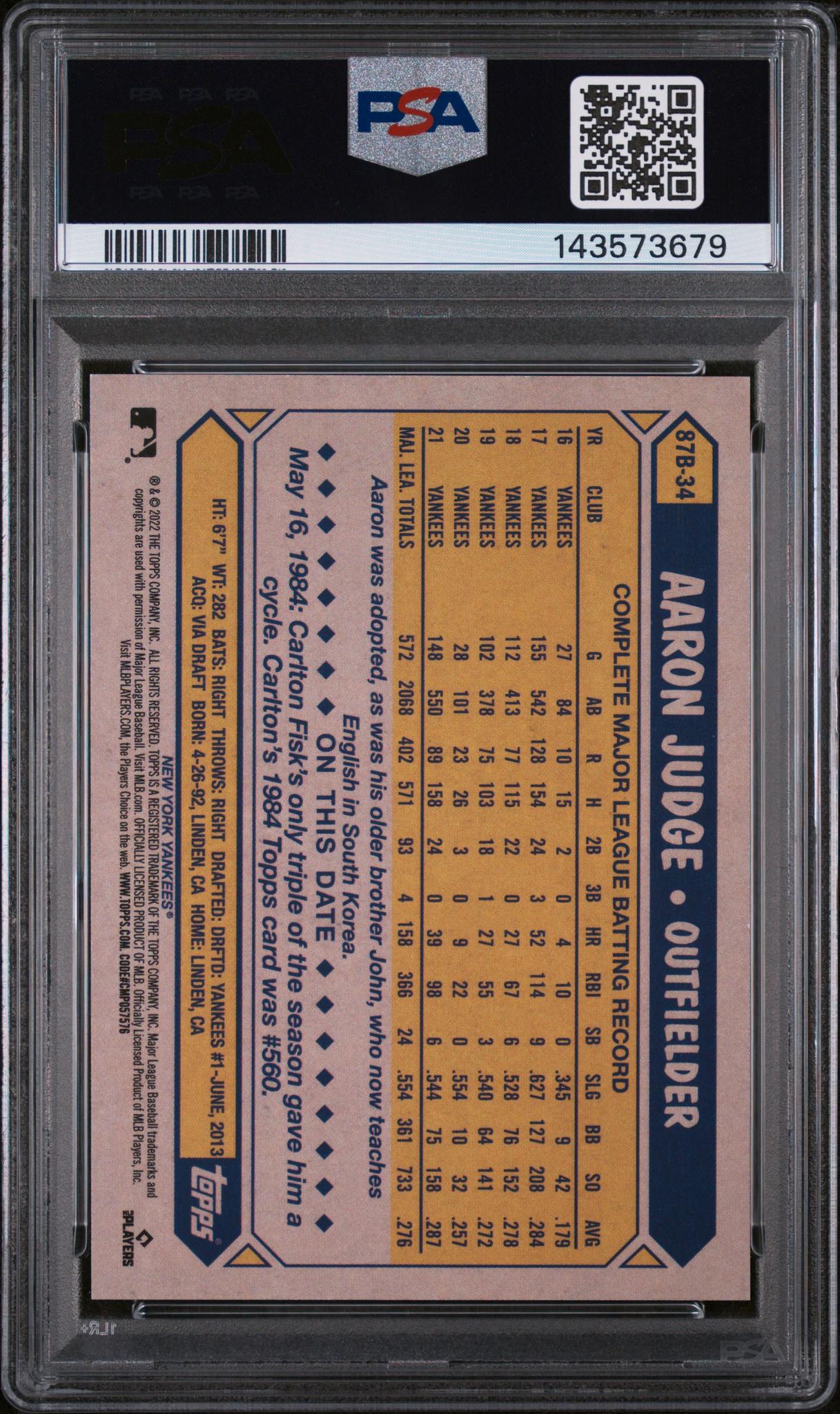 2022 Topps Japan Edition 1987 Topps Cherry Tree Variation Aaron Judge #34 PSA 9