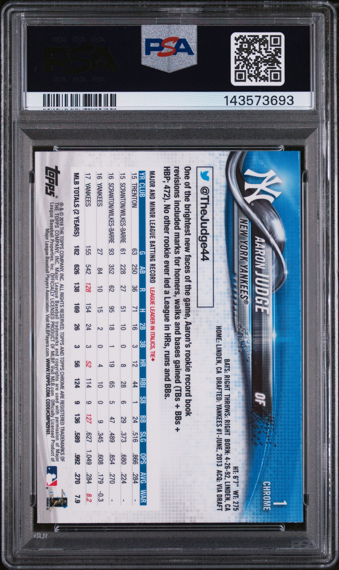2018 Topps Chrome Prism Refractor Aaron Judge #1 PSA 10