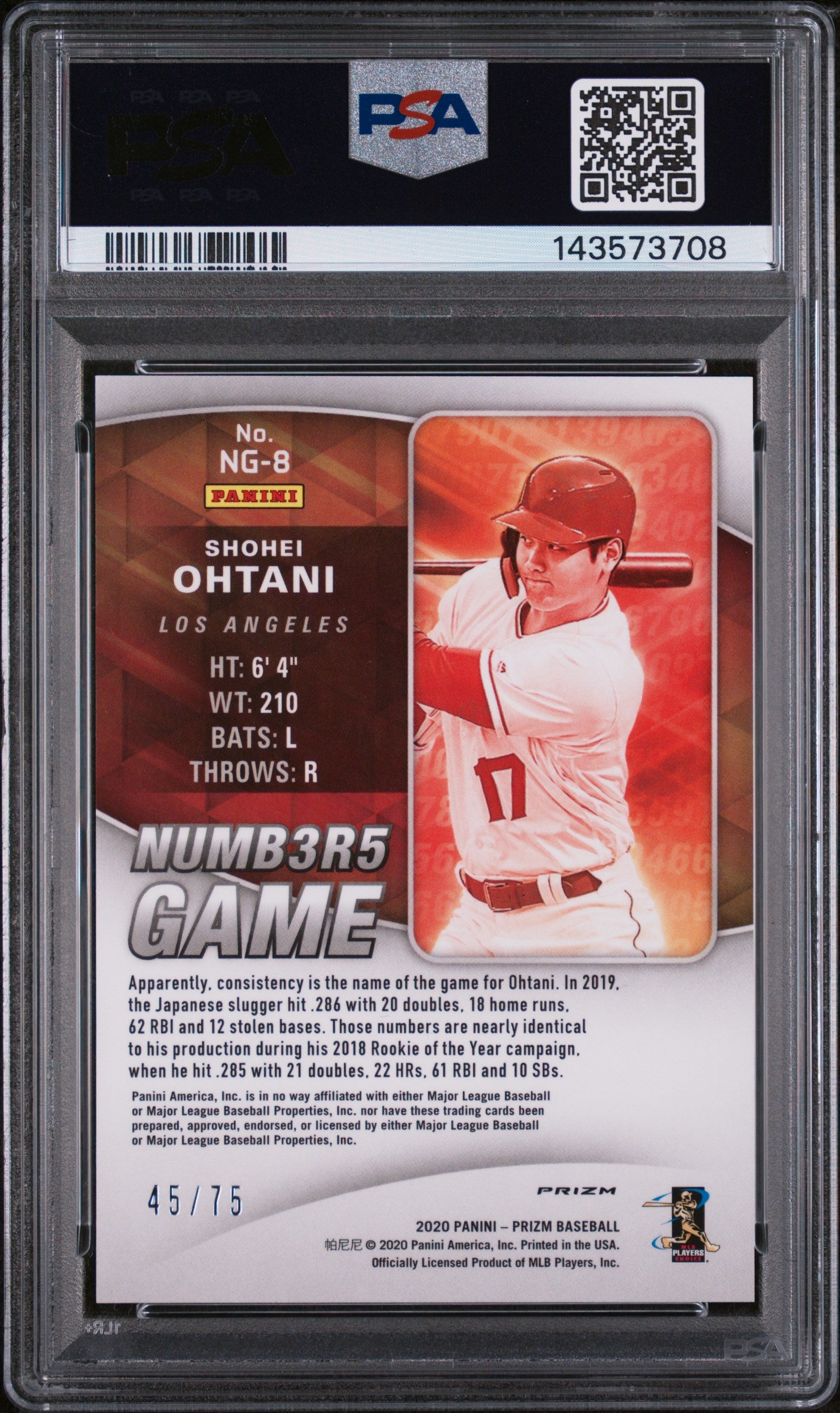 2020 Panini Prizm Numbers Game Power Plaid Shohei Ohtani #NG8 /75 PSA 10