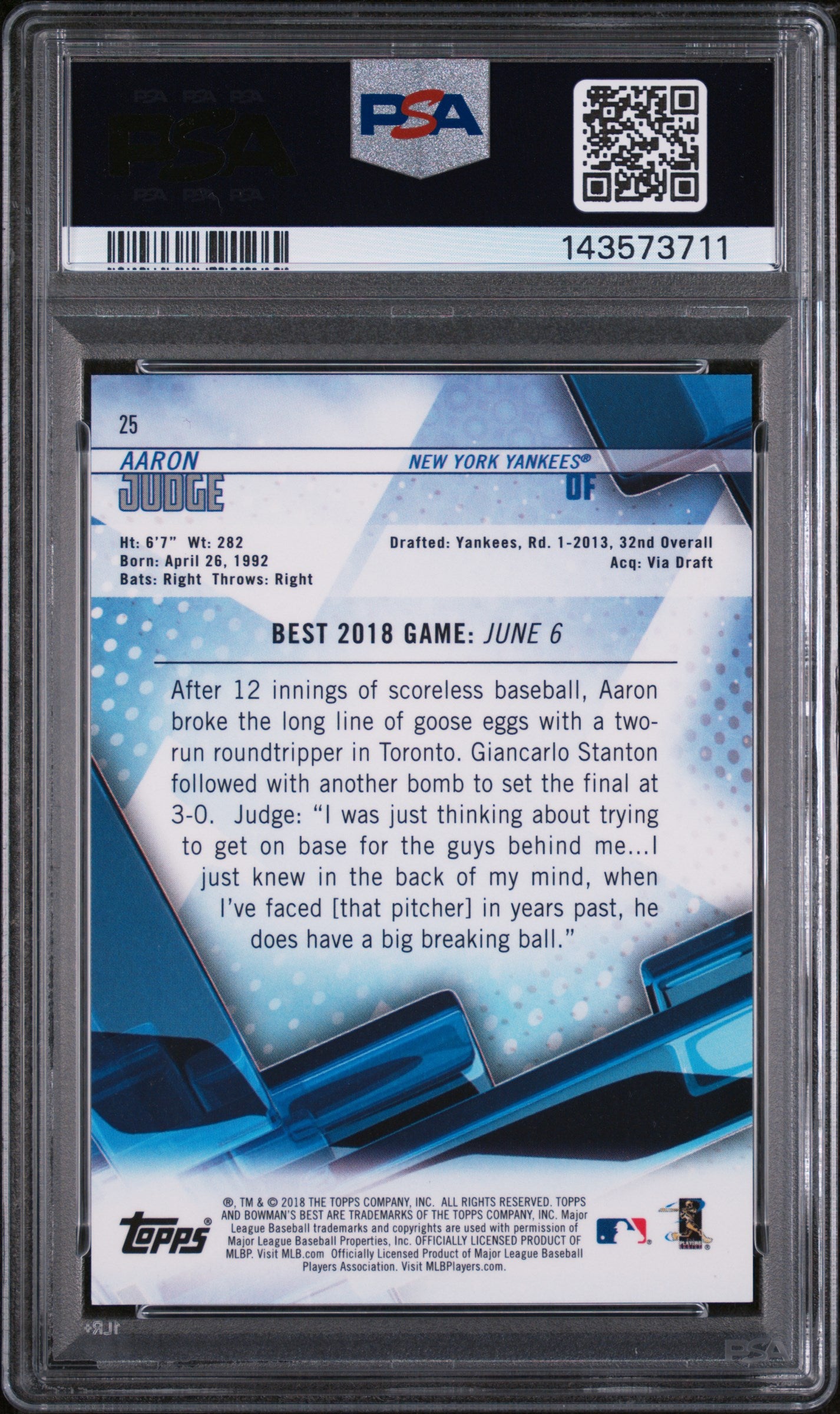 2018 Bowman's Best Purple Refractor Aaron Judge #25 /250 PSA 8