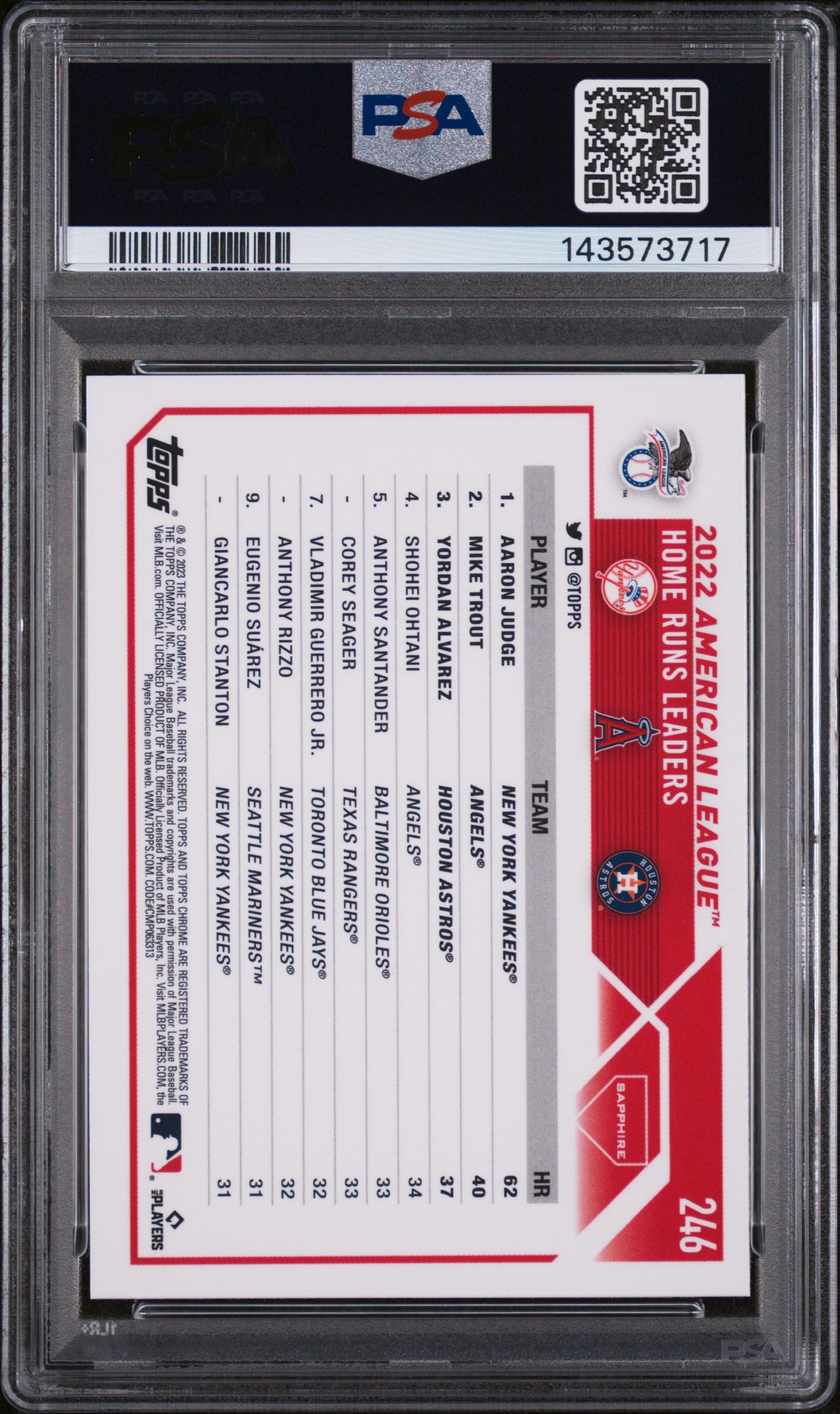 2023 Topps Chrome Sapphire Aaron Judge/Mike Trout/Yordan Alvarez #246 PSA 10