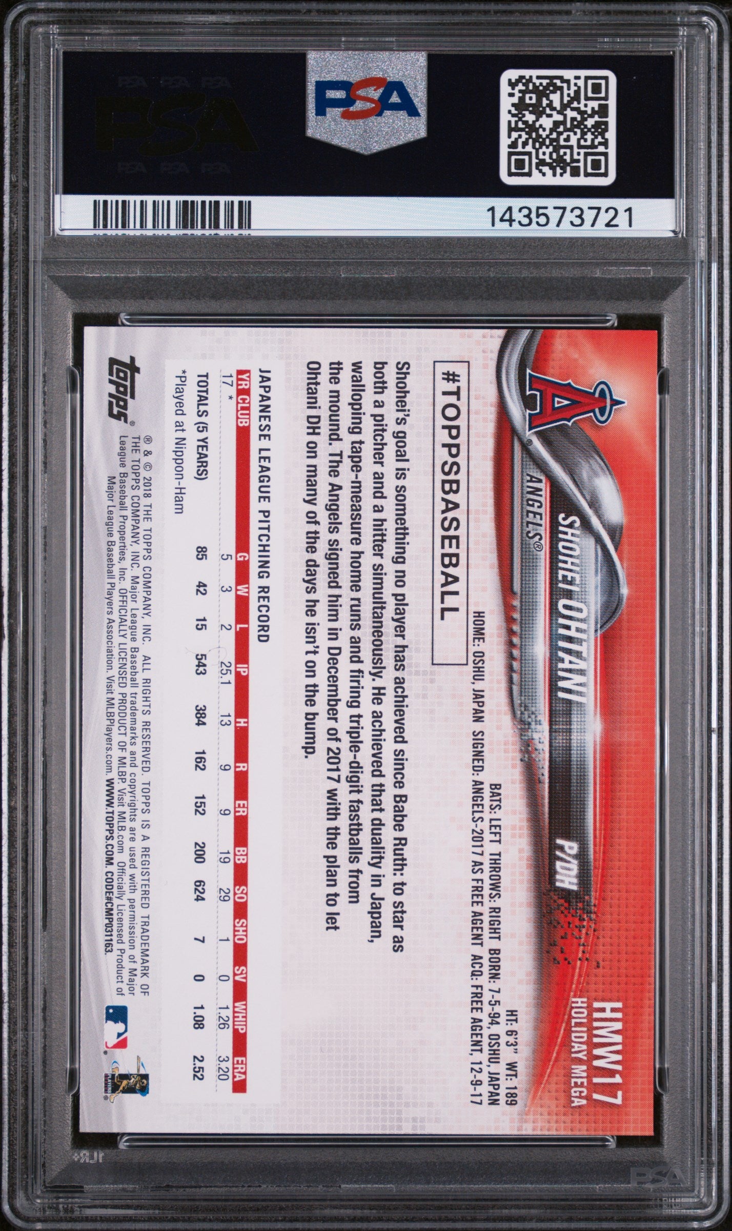 2018 Topps Holiday Snowflake Shohei Ohtani #HMW17 PSA 9