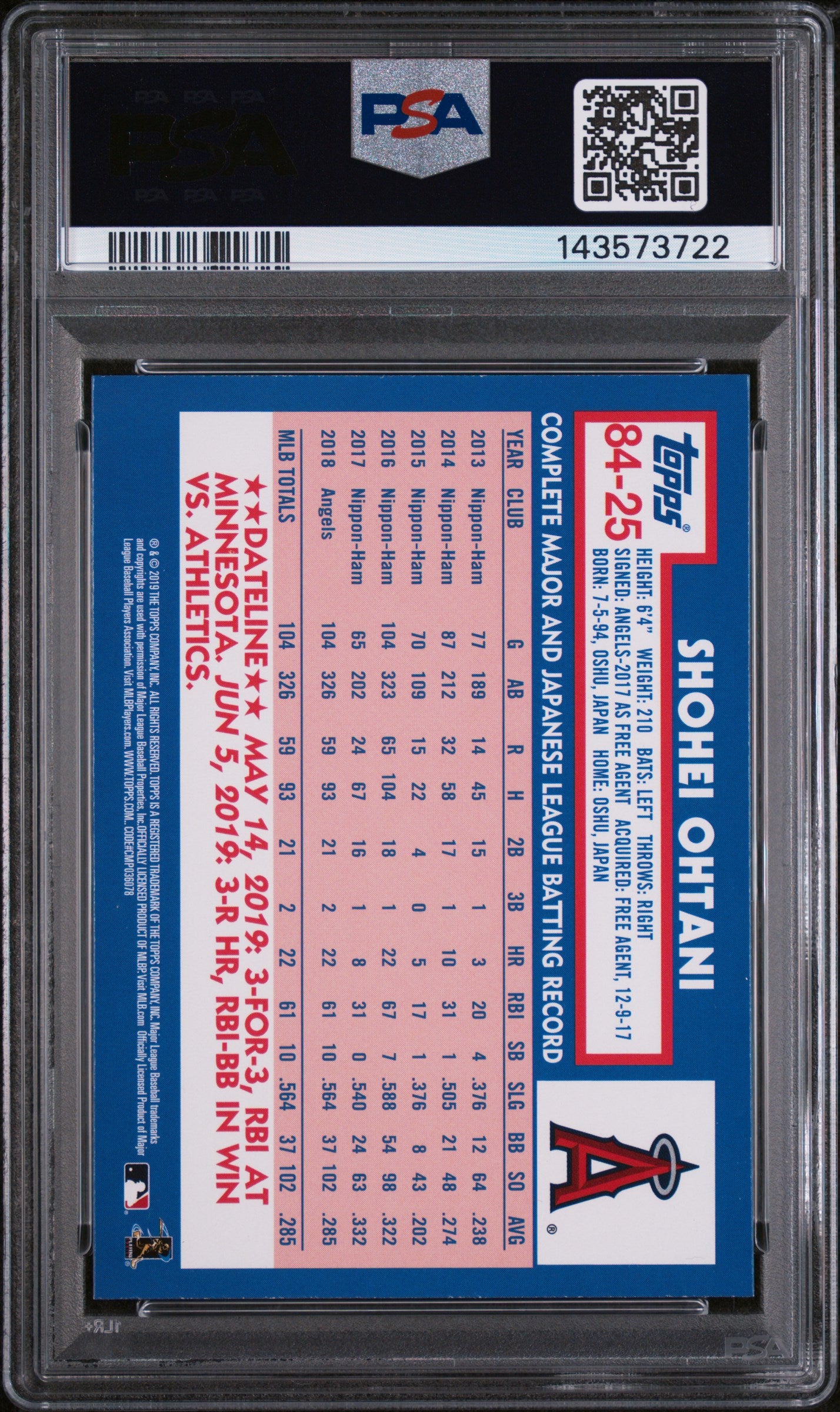 2019 Topps '84 Shohei Ohtani #T8469 PSA 9