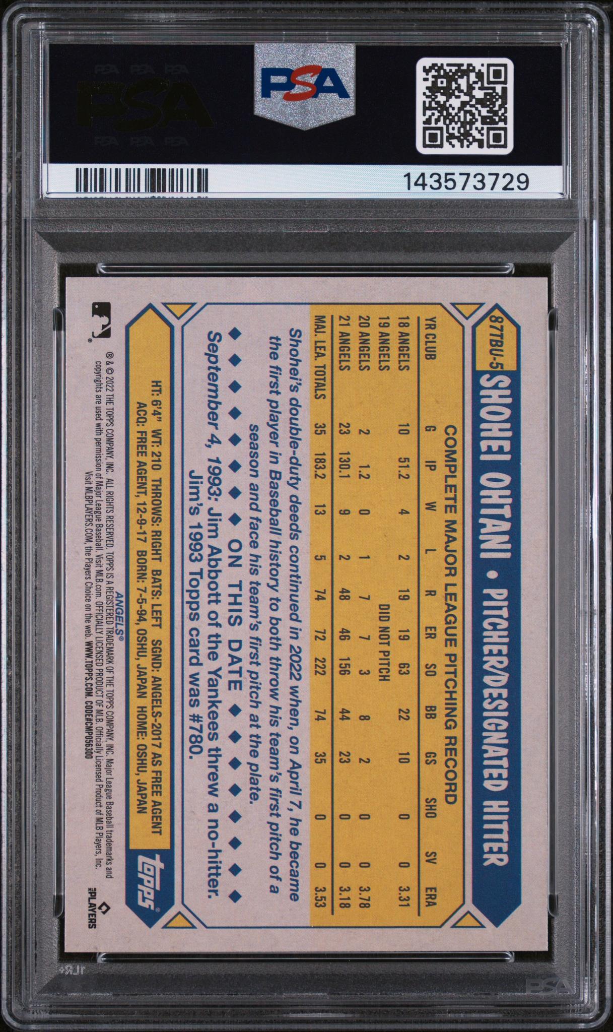 2022 Topps Update '87 Topps Shohei Ohtani #87TBU5 PSA 9