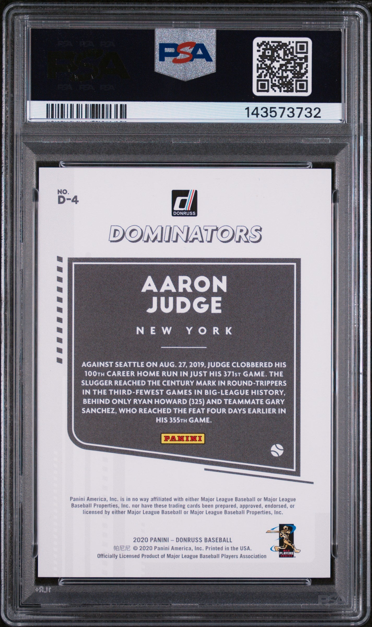 2020 Panini Donruss Dominators Blue Aaron Judge #D4 /249 PSA 8