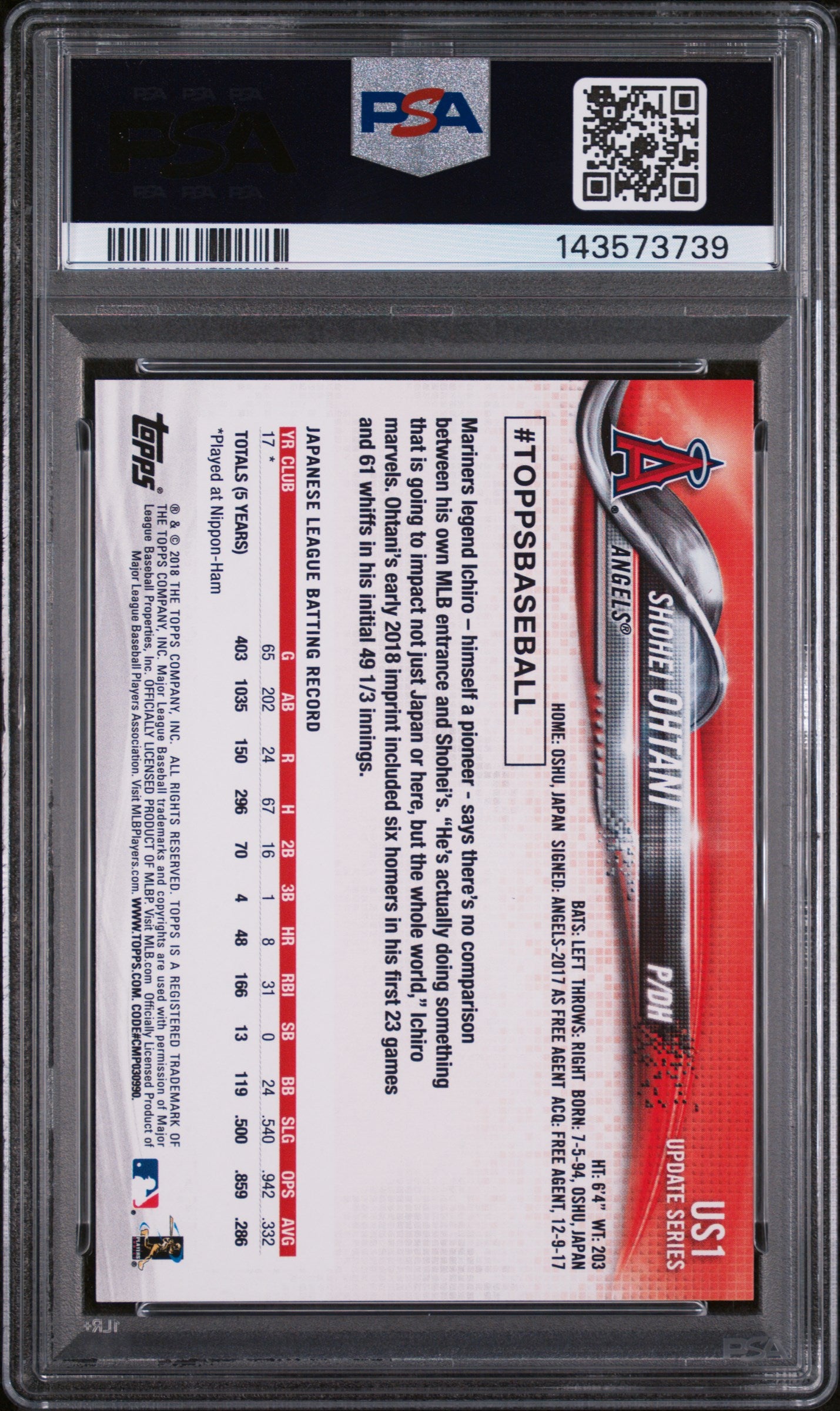 2018 Topps Update Pitching In Red Jersey Shohei Ohtani #US1 PSA 9