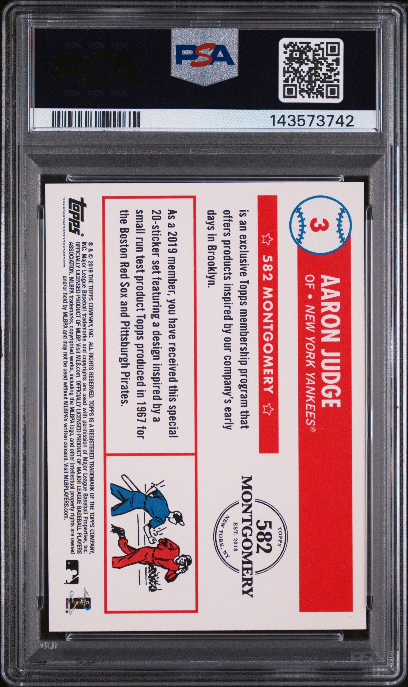 2018 Topps 582 Montgomery Club 1967 Test Sticker Set 2 Aaron Judge #3 PSA 9