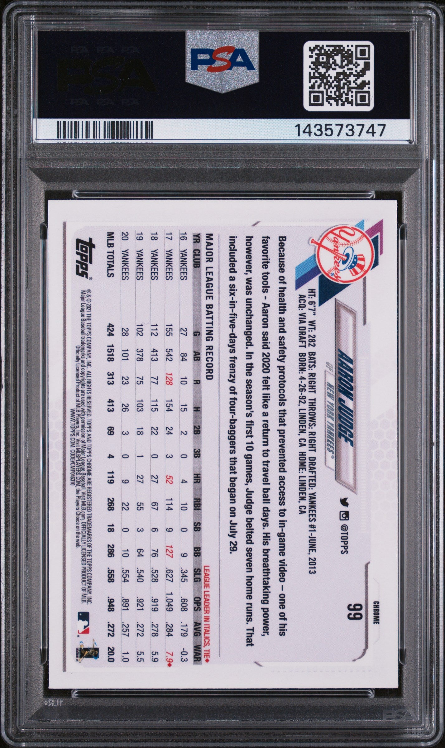 2021 Topps Chrome Xfractor Aaron Judge #99 PSA 9