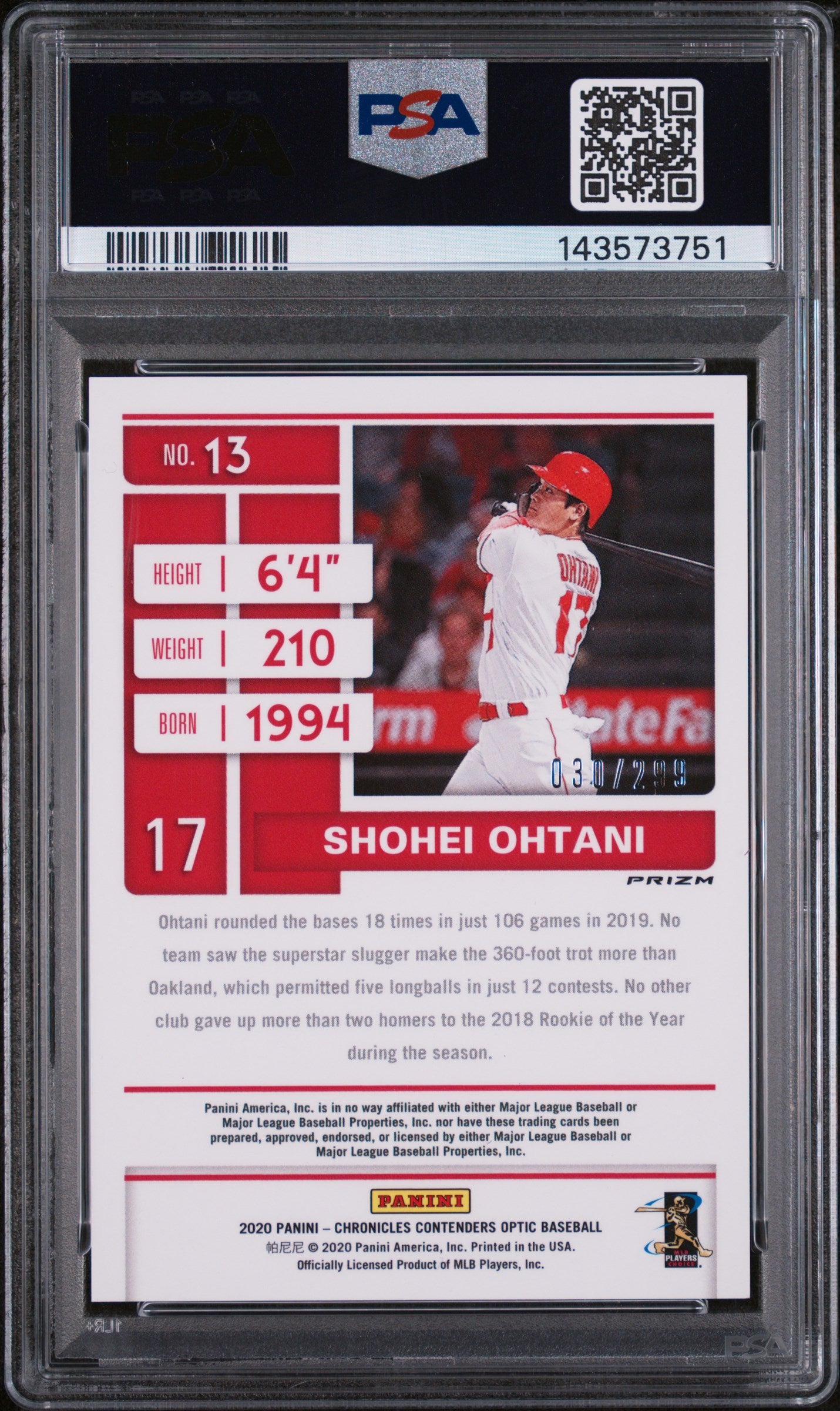 2020 Panini Chronicles Contenders Optic Hyper Shohei Ohtani #13 /299 PSA 9