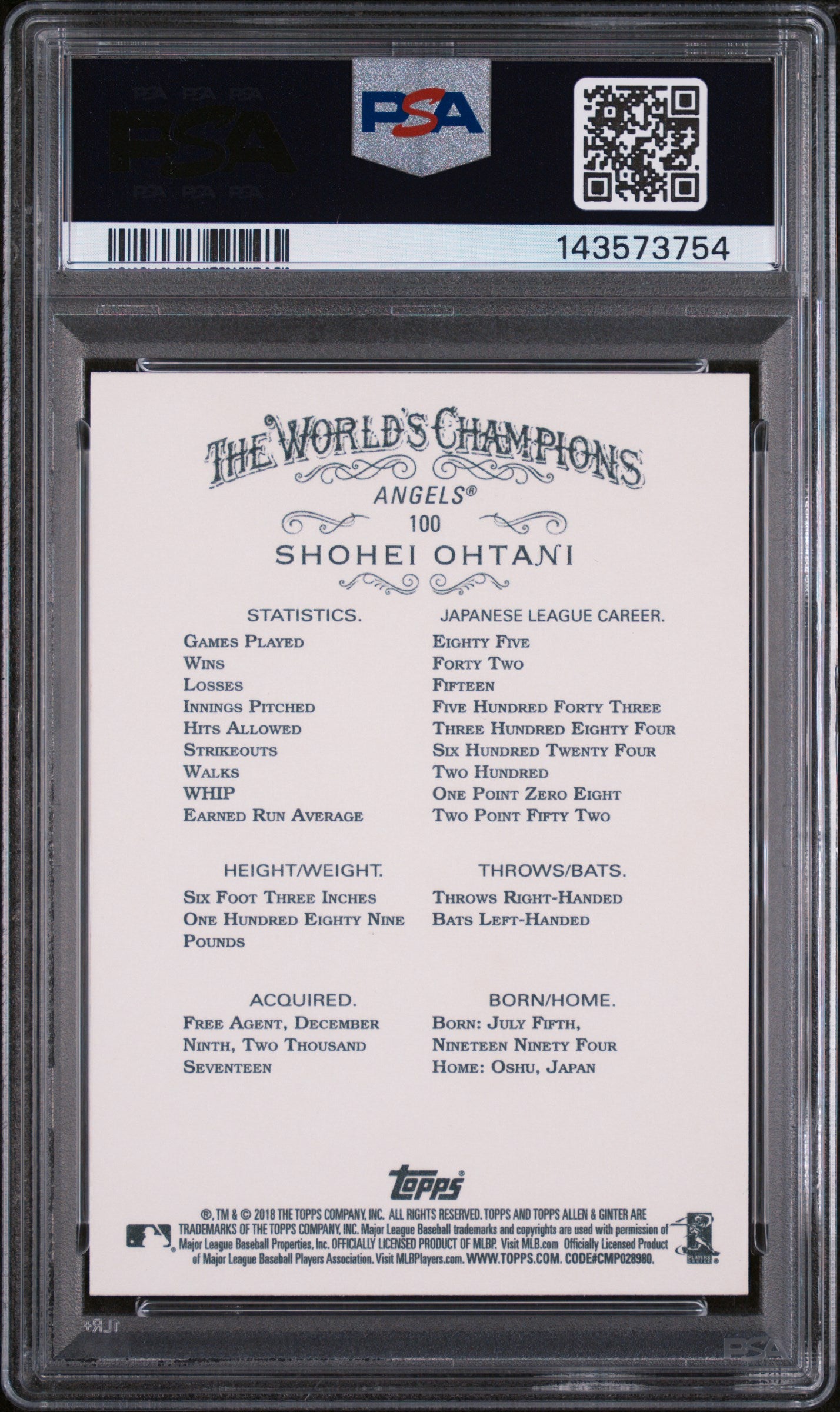 2018 Topps Allen and Ginter Shohei Ohtani #100 PSA 9