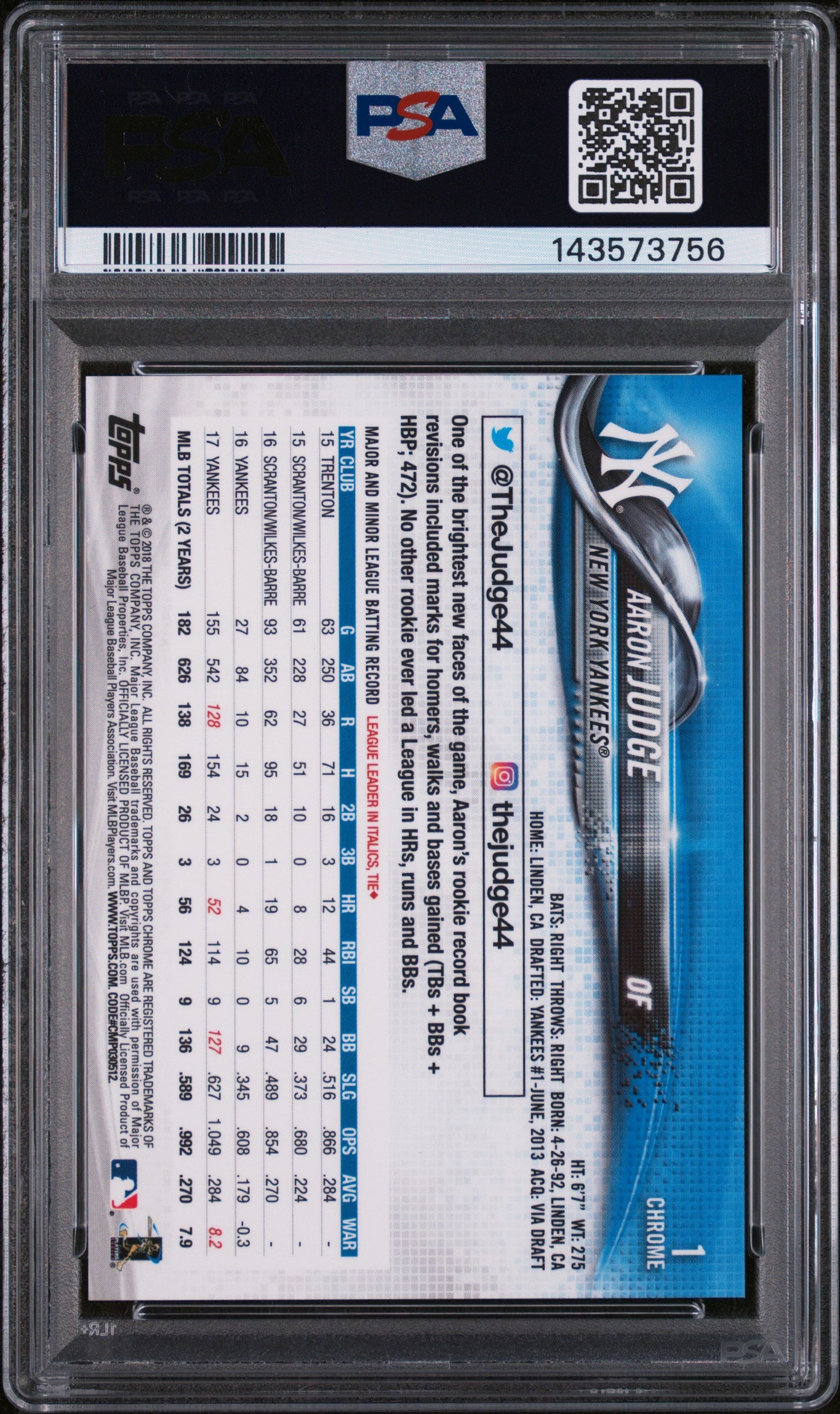2018 Topps Chrome Sapphire Aaron Judge #1 PSA 10