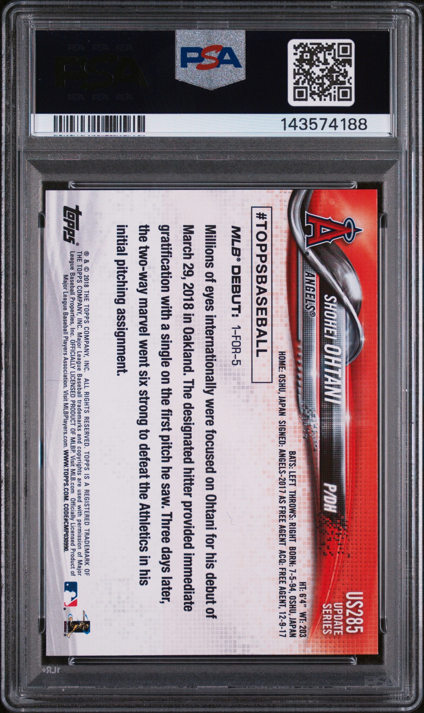 2018 Topps Update Rookie Debut Shohei Ohtani #US285 PSA 8