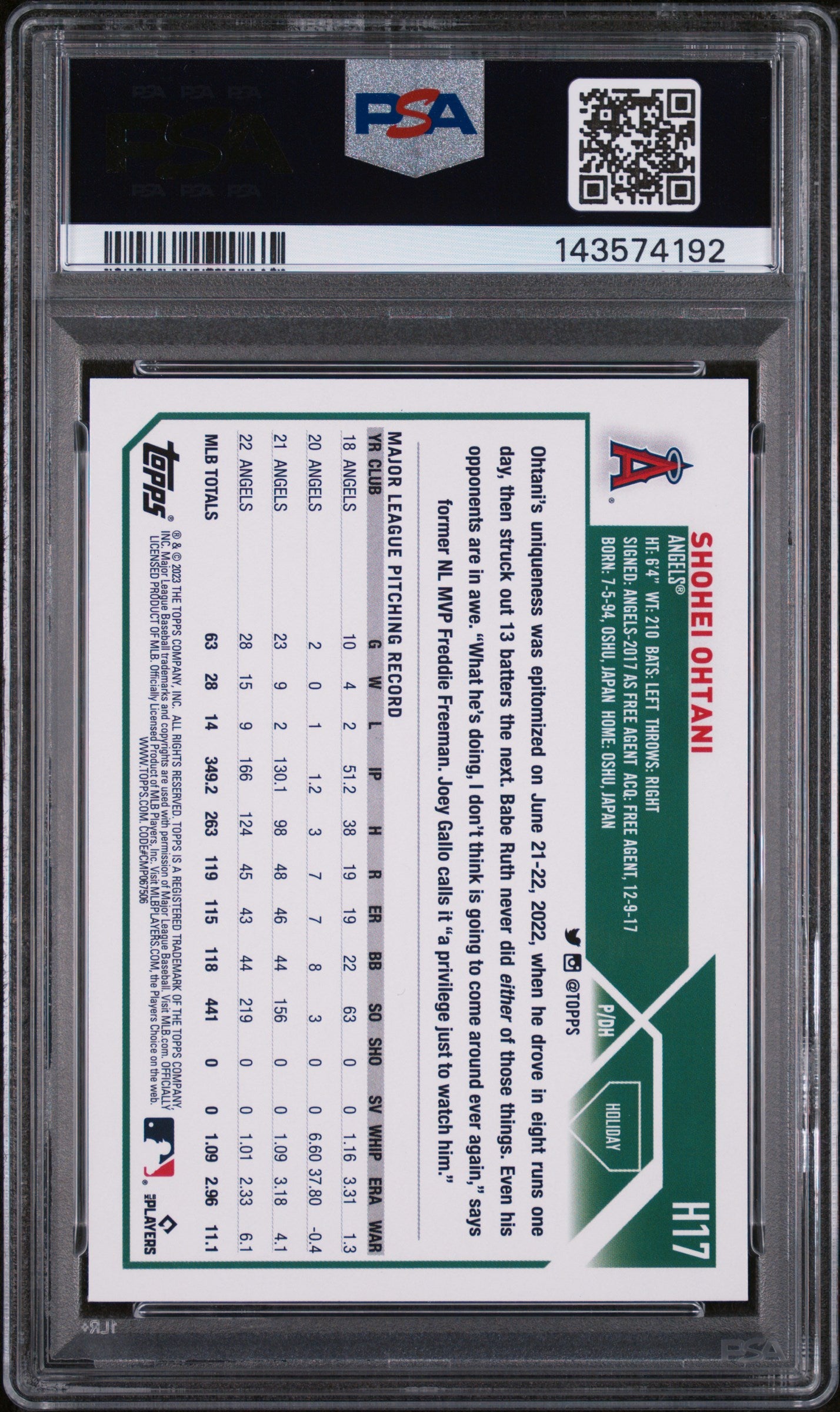2023 Topps Holiday Metallic Shohei Ohtani #H17 PSA 9