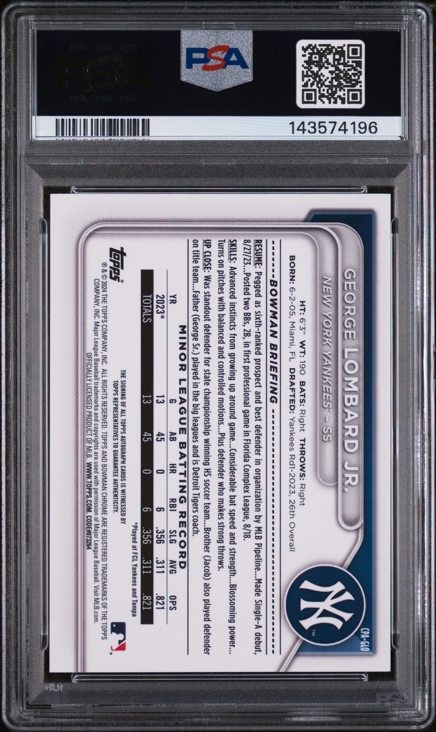 2024 Chrome Prospect Autographs Green Refractors George Lombard Jr. #CPAGLO /99 PSA 10