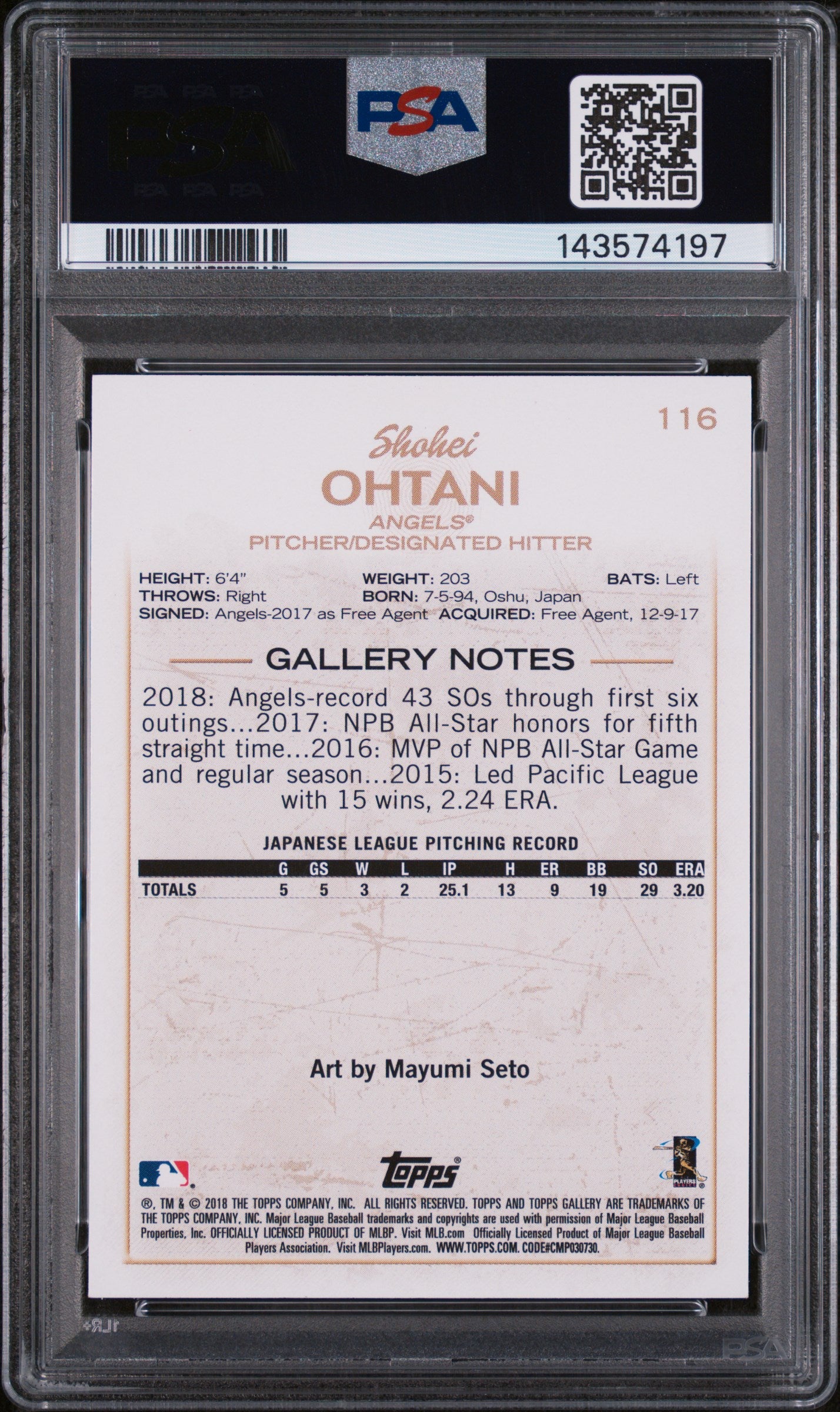 2018 Topps Gallery Shohei Ohtani #116 PSA 9