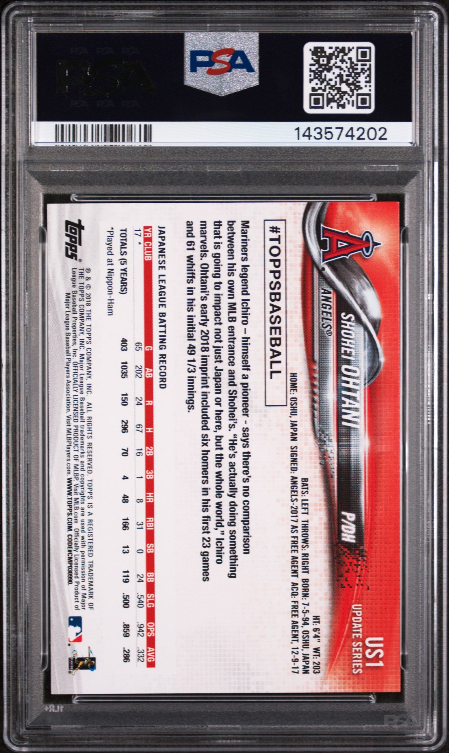 2018 Topps Update Pitching In Red Jersey Shohei Ohtani #US1 PSA 9