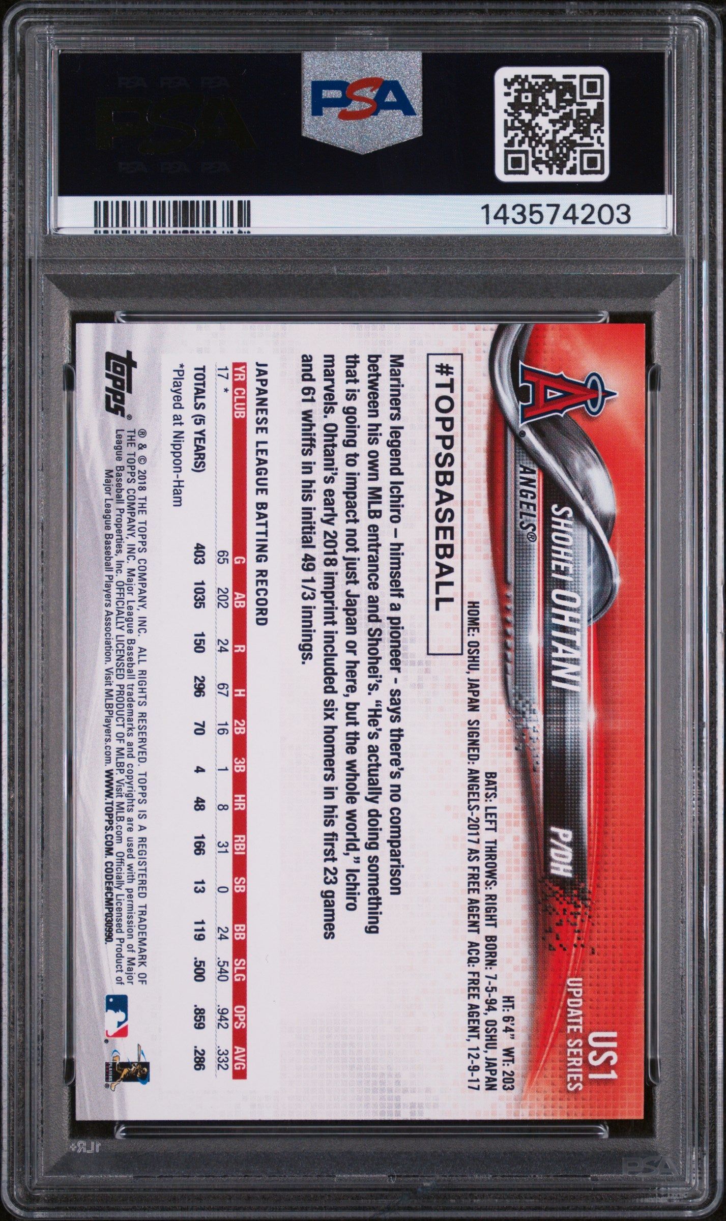 2018 Topps Update Pitching In Red Jersey Shohei Ohtani #US1 PSA 9