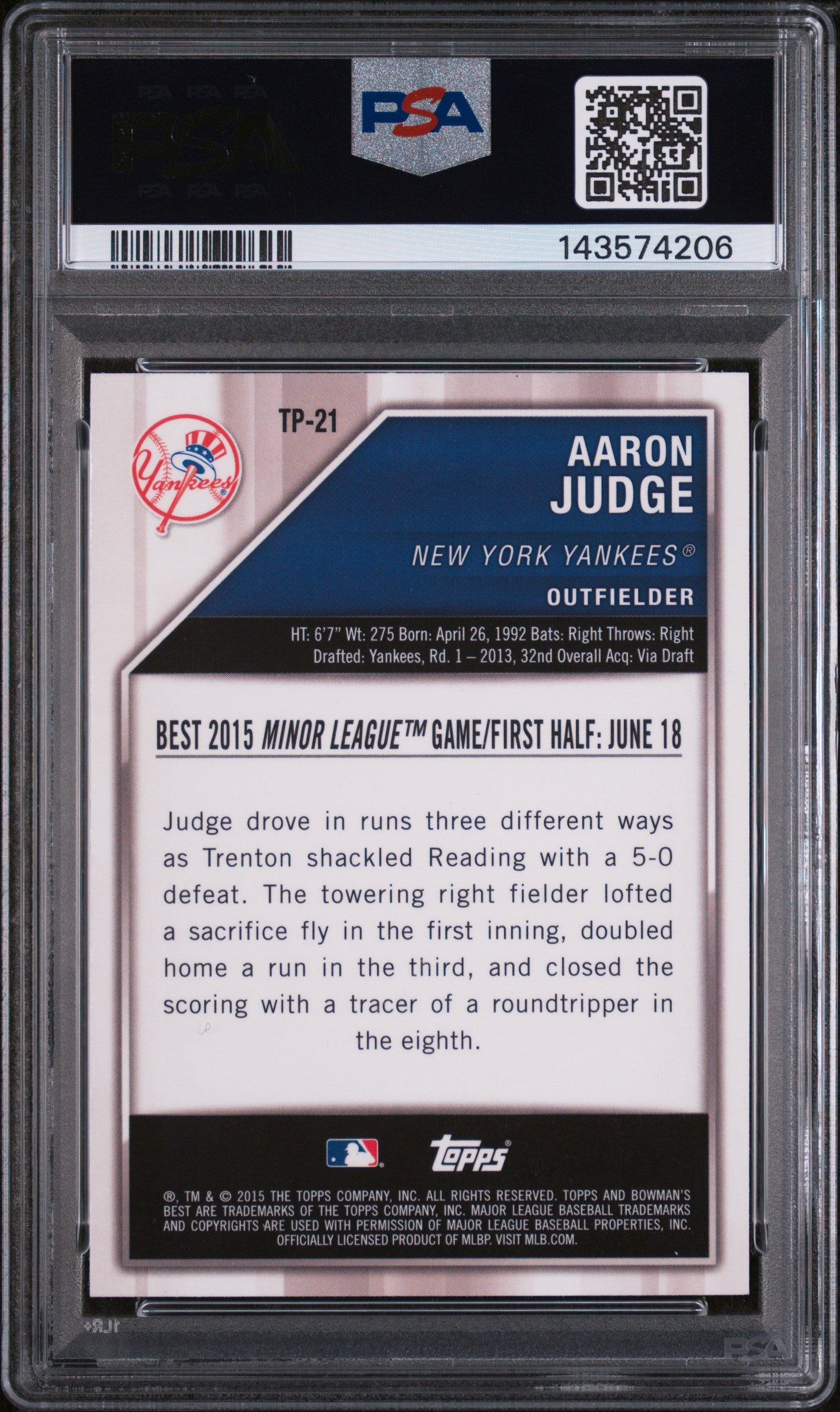 2015 Bowman's Best Top Prospects Orange Refractor Aaron Judge #TP-21 /25 PSA 10