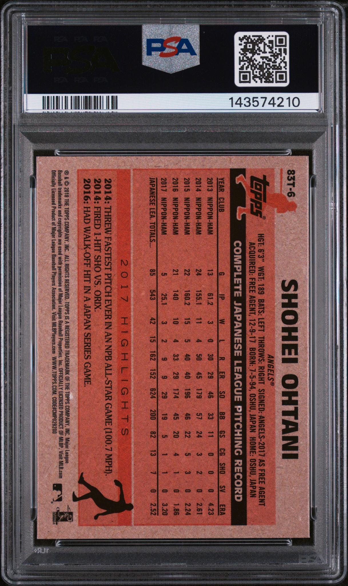 2018 Topps Chrome 1983 Topps Shohei Ohtani #83T6 PSA 8